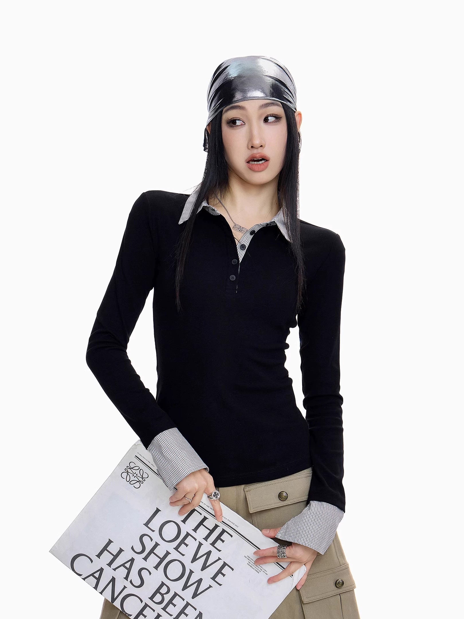 ICH MODE 美式假两件POLO领T恤女秋冬修身长袖格子内搭打底衫上衣