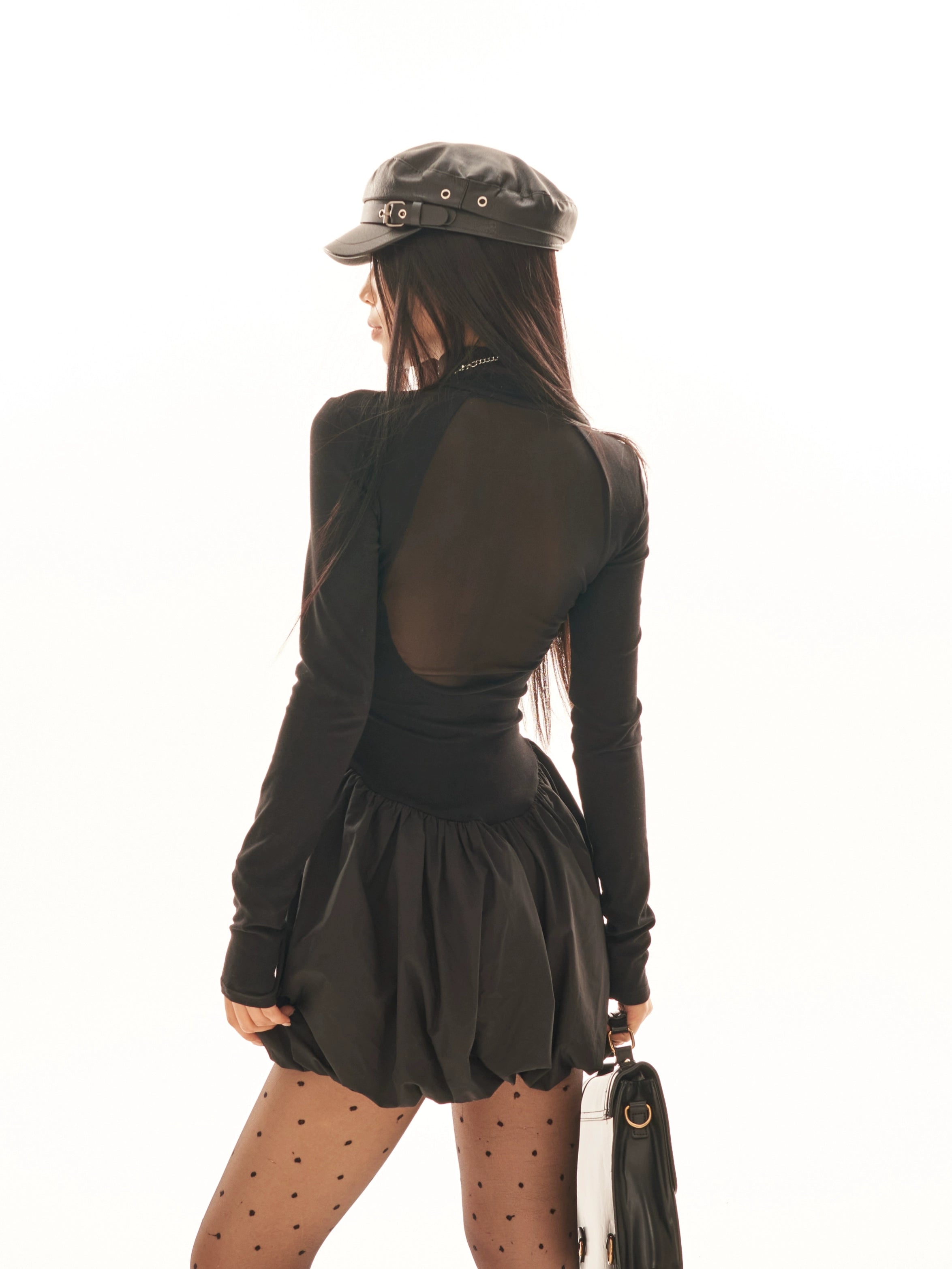 野生zerocircle黑色半高领长袖连衣裙女春秋季显瘦修身花苞短裙子