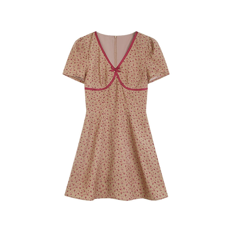 野生zerocircle 咖色碎花v领短袖连衣裙女夏设计感修身显瘦短裙子