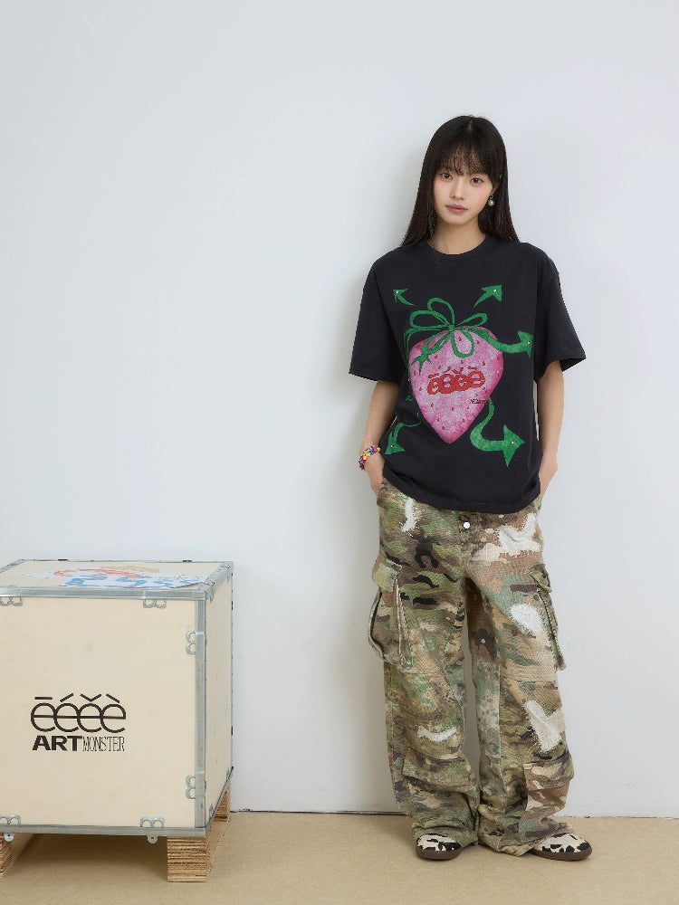 eeeeArtmonster “朋克草莓”手绘草莓短袖镶铆钉小众圆领T恤夏季