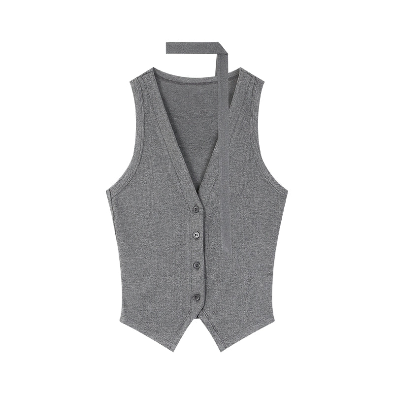 野生zero 黑灰色短款v领无袖马甲背心女夏季外穿辣妹修身显瘦上衣