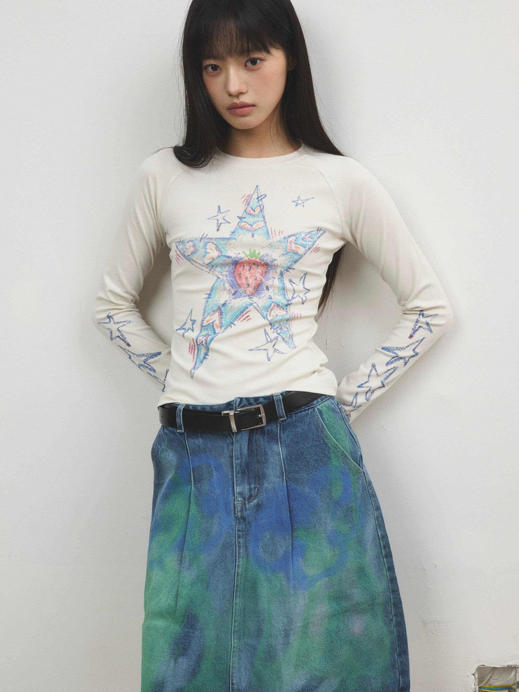 eeeeArtmonster“星星草莓多士”蜡笔手绘涂鸦长袖T恤辣妹打底衫