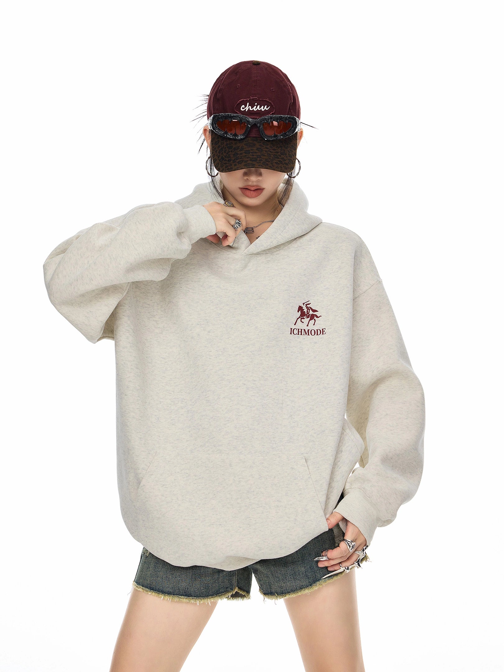 ICH MODE 美式复古印花宽松连帽卫衣女秋冬重磅上衣休闲帽衫外套