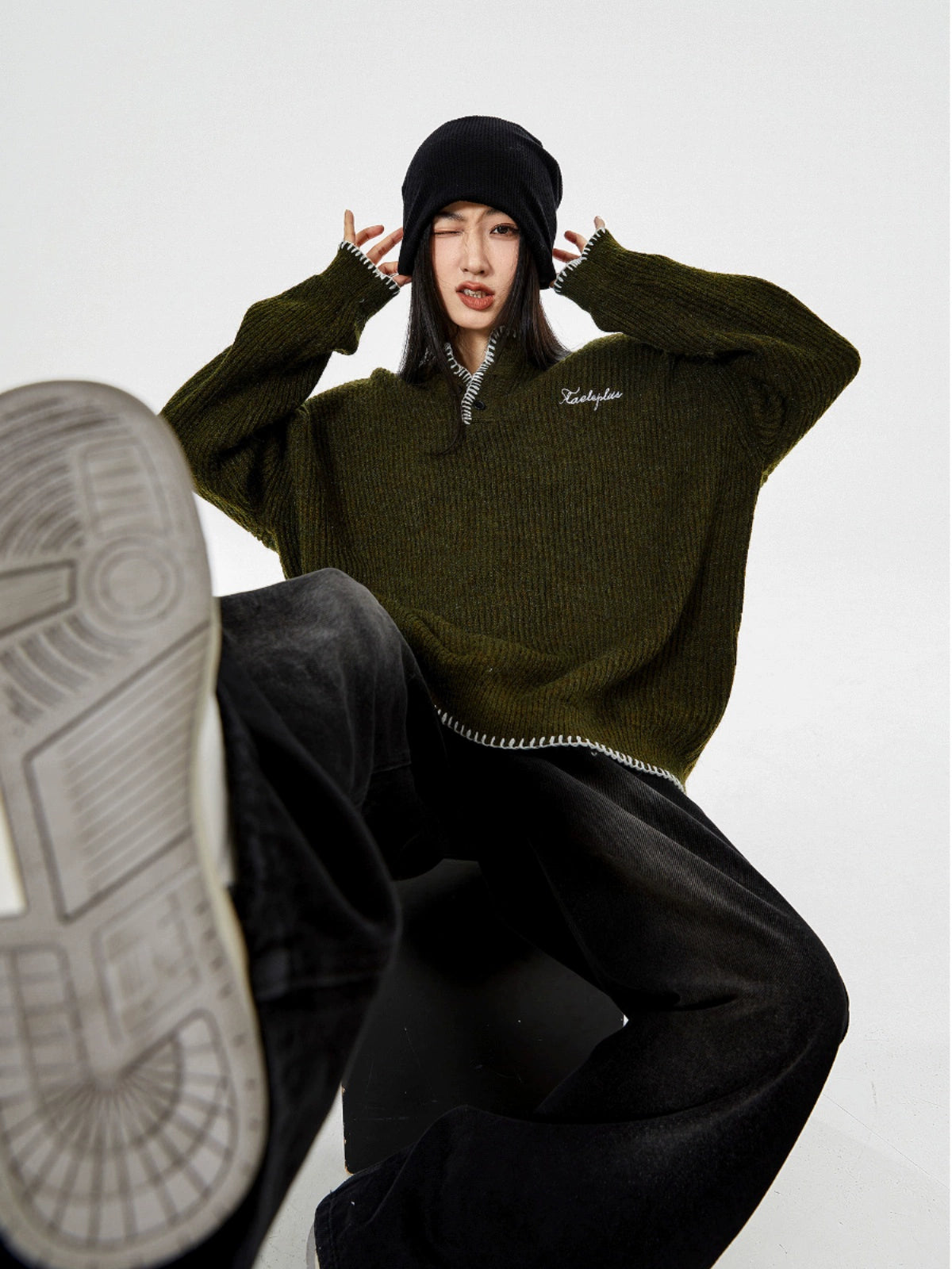 ICH MODE 美式复古亨利领毛衣女2025新款冬季宽松慵懒风针织上衣