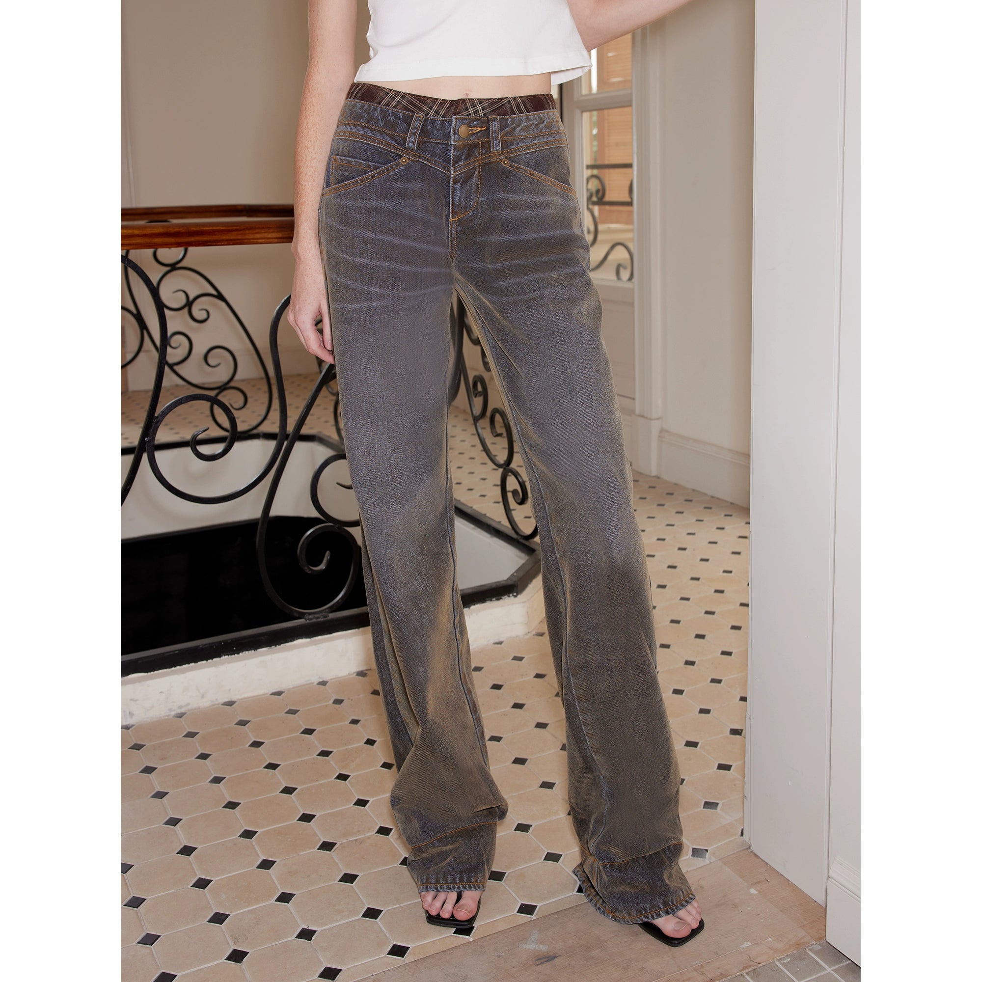 2th Desire豹纹格纹拼接莱赛尔植绒原牛色牛仔裤/可拆卸拼接罩裙