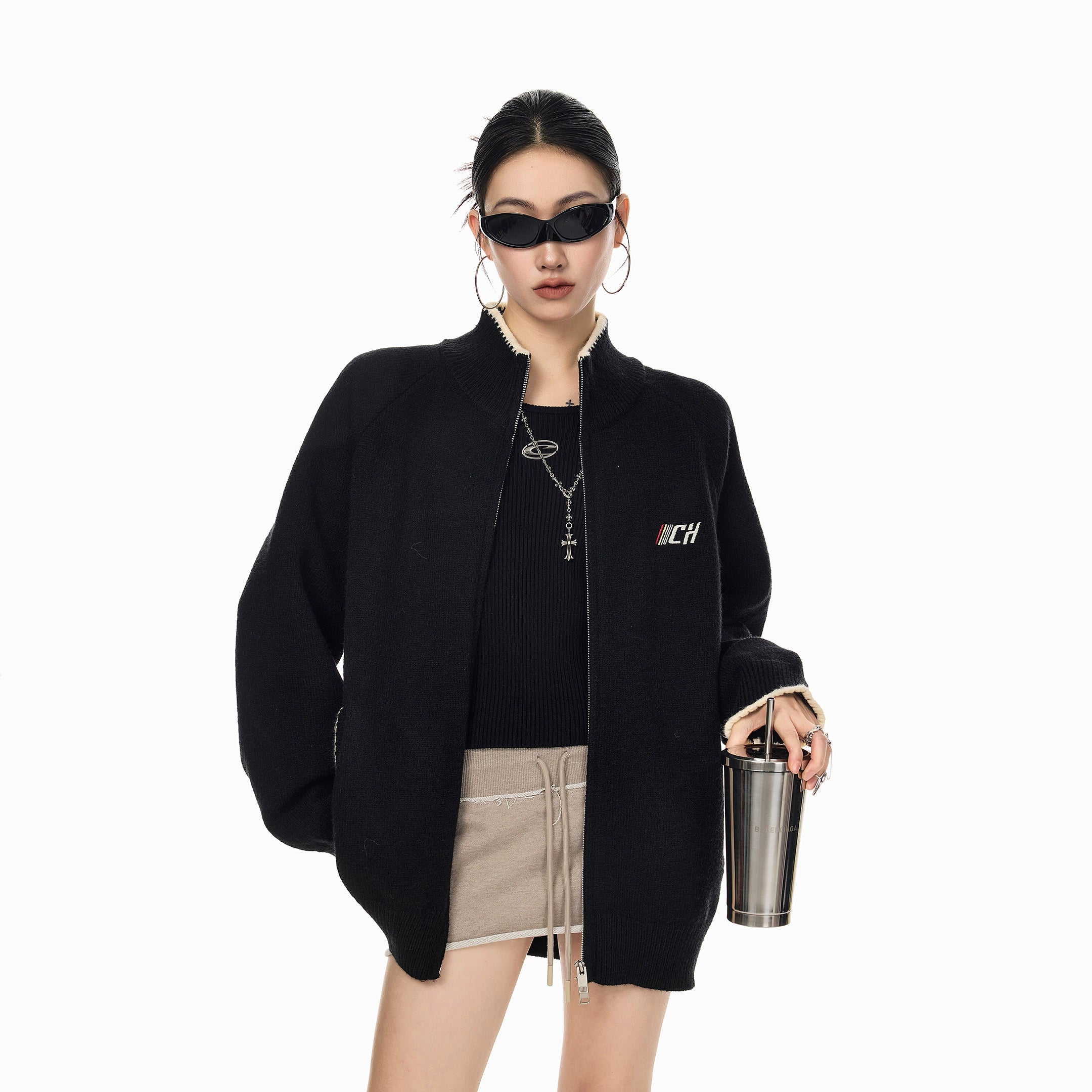 ICH MODE 美式复古撞色立领毛针织开衫女秋冬季宽松慵懒毛衣外套