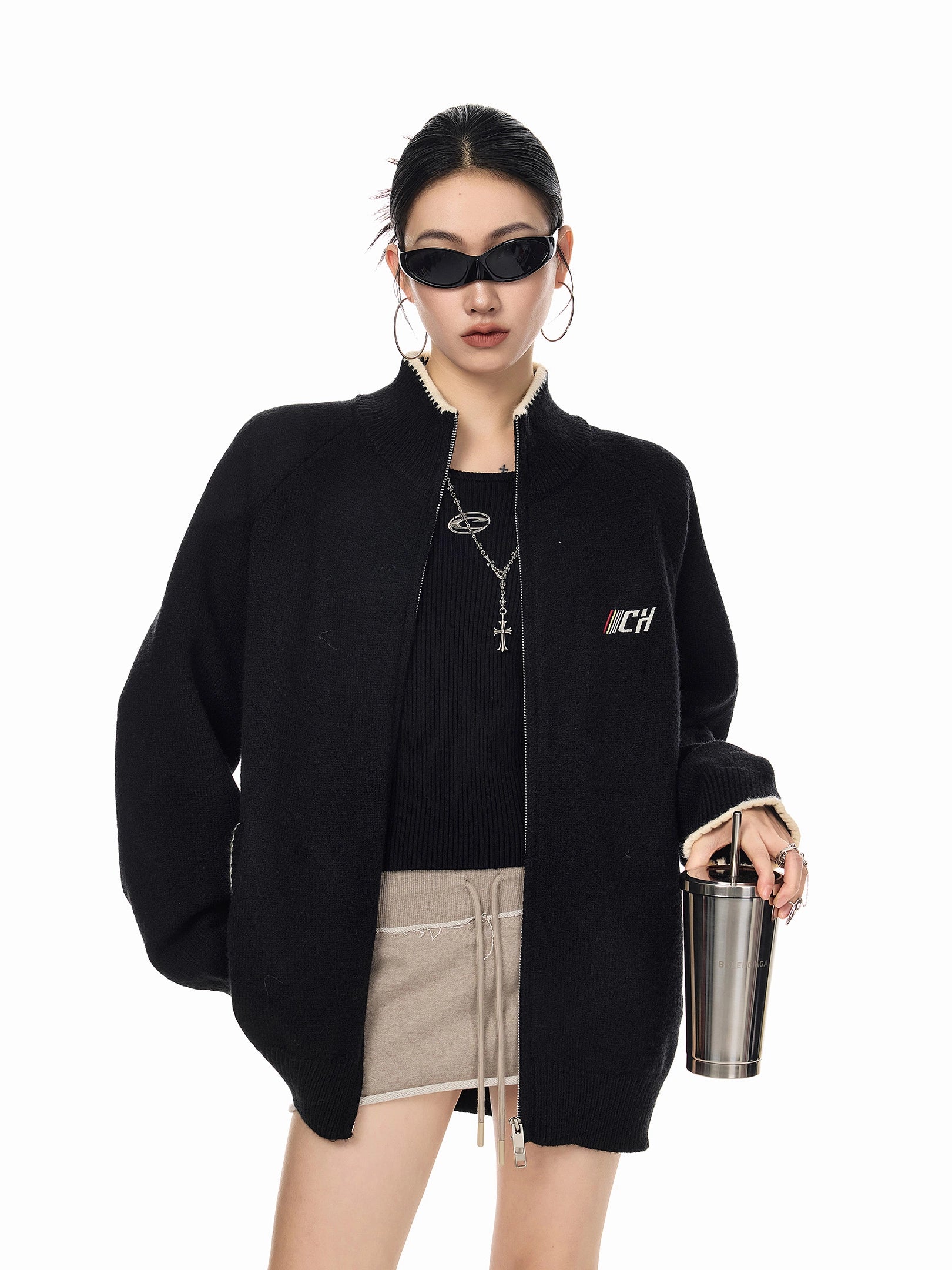 ICH MODE 美式复古撞色立领毛针织开衫女秋冬季宽松慵懒毛衣外套