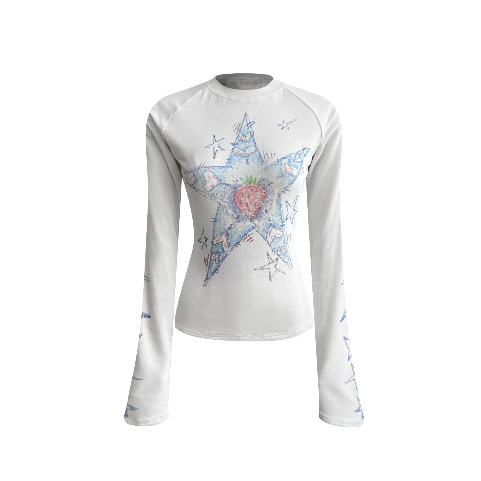 eeeeArtmonster“星星草莓多士”蜡笔手绘涂鸦长袖T恤辣妹打底衫