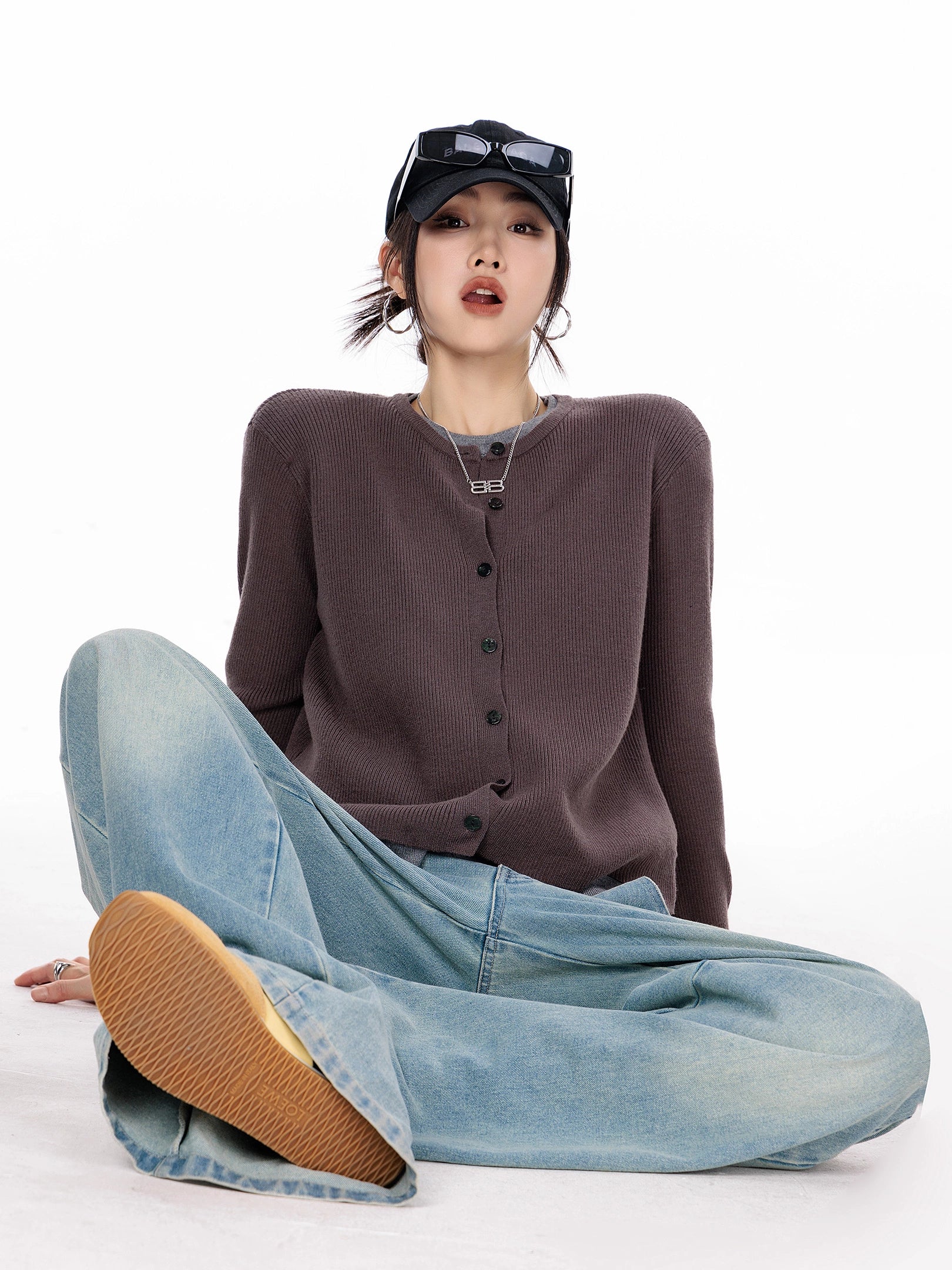 ICH MODE 美式复古修身针织开衫女2025秋冬新款外搭长袖毛衣外套