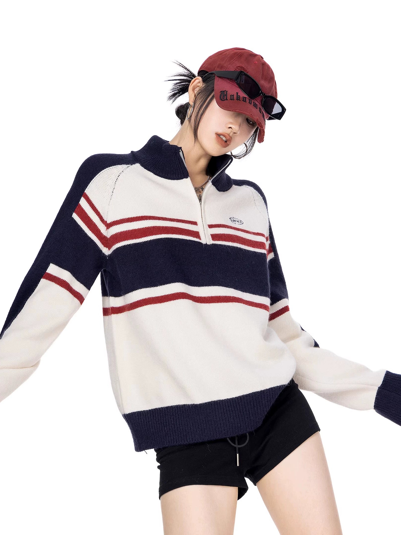 ICH MODE 美式复古撞色条纹半拉链针织衫女秋冬休闲运动毛衣上衣