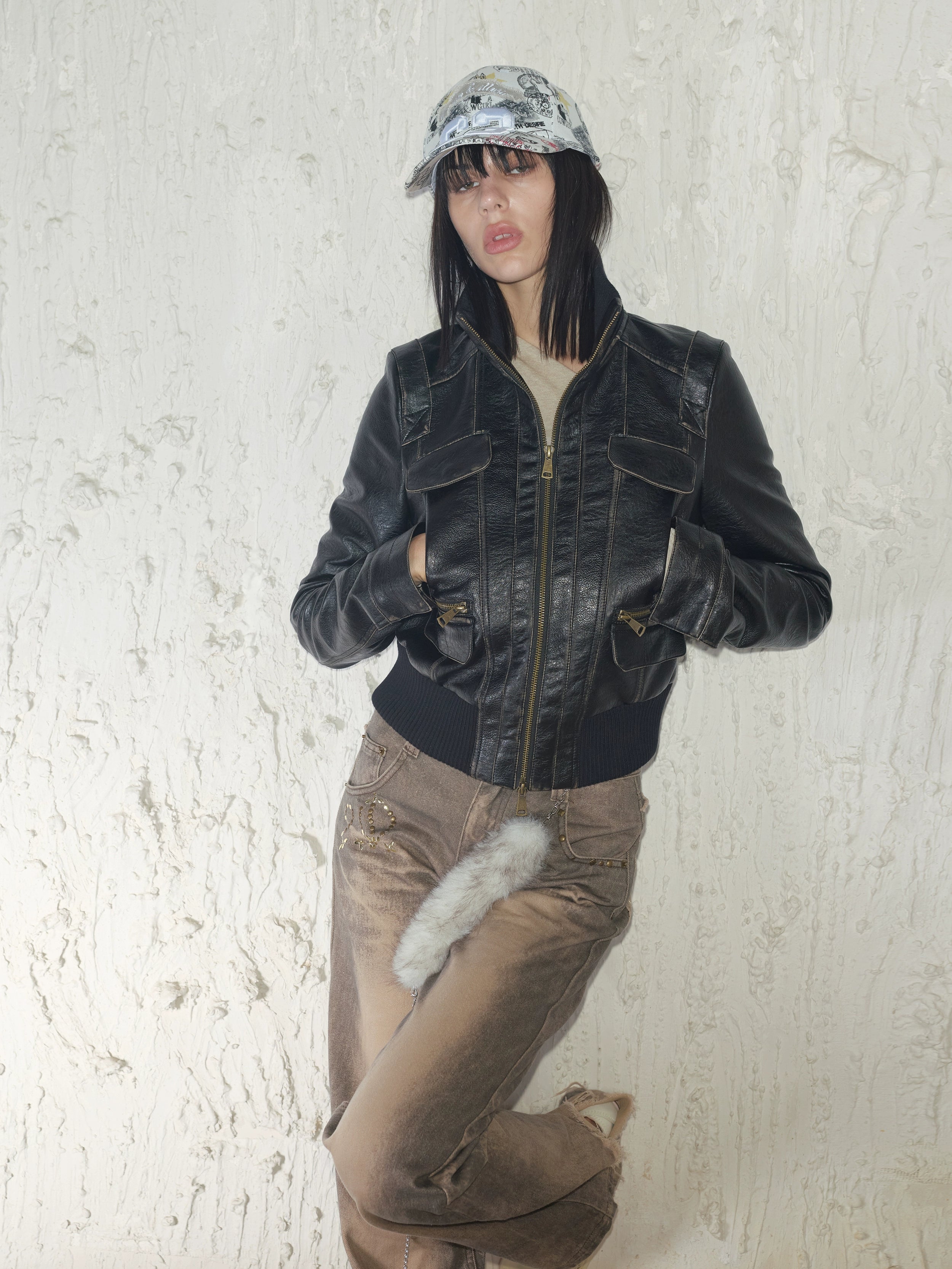 2th Desire朋克感做旧擦色立领修身拉链正肩短款机车皮衣夹克外套