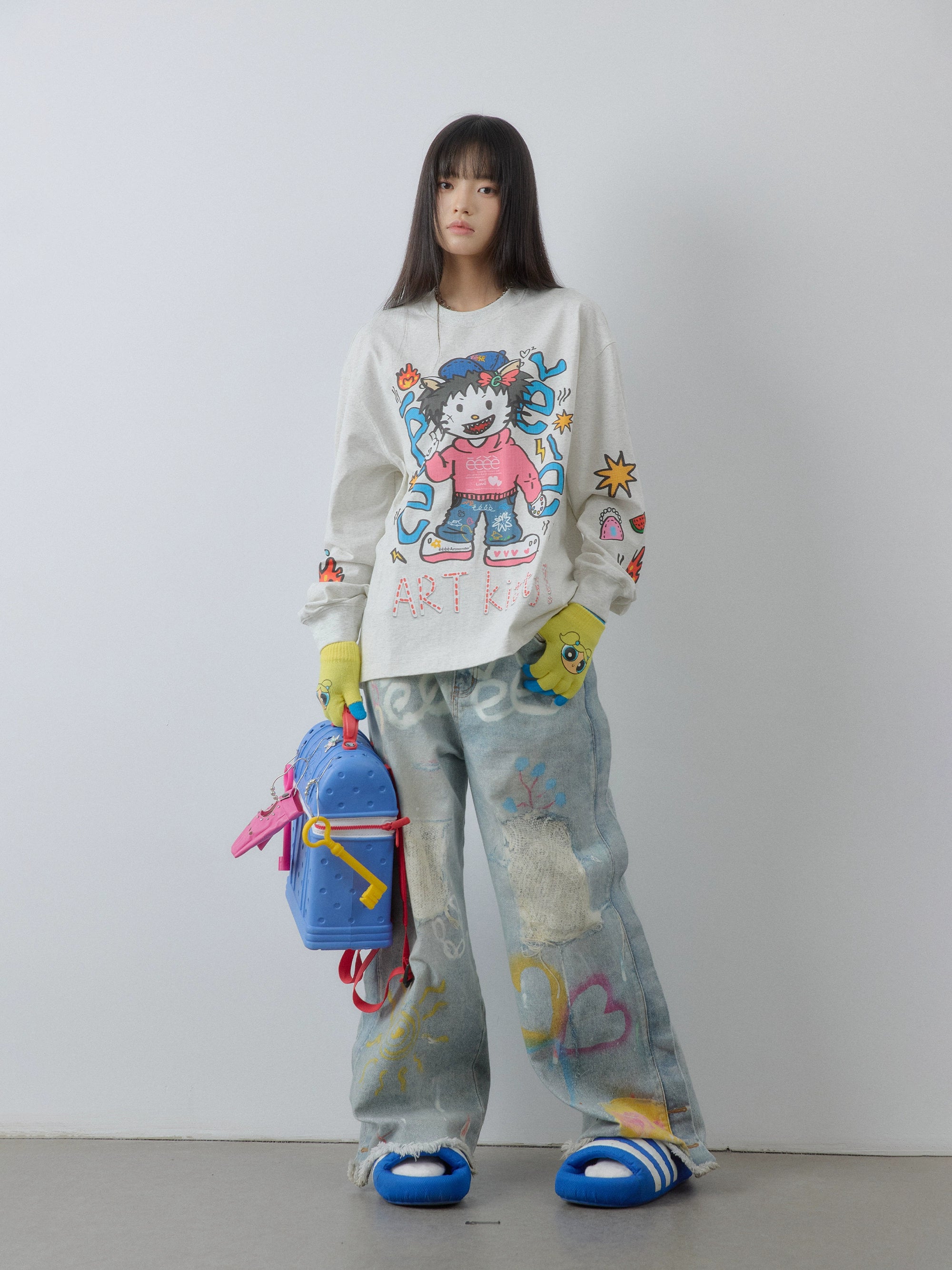 “艺术凯蒂”| eeee恶搞插画手绘涂鸦长袖T恤宽松潮流卫衣打底衫