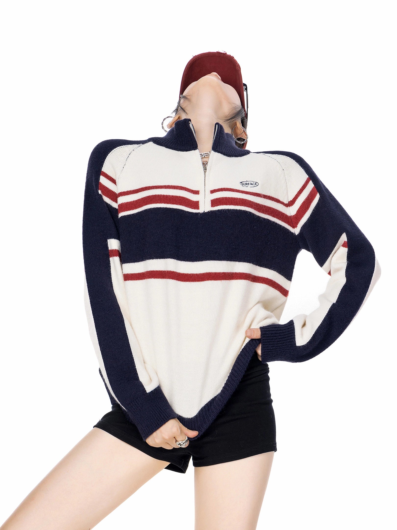 ICH MODE 美式复古撞色条纹半拉链针织衫女秋冬休闲运动毛衣上衣