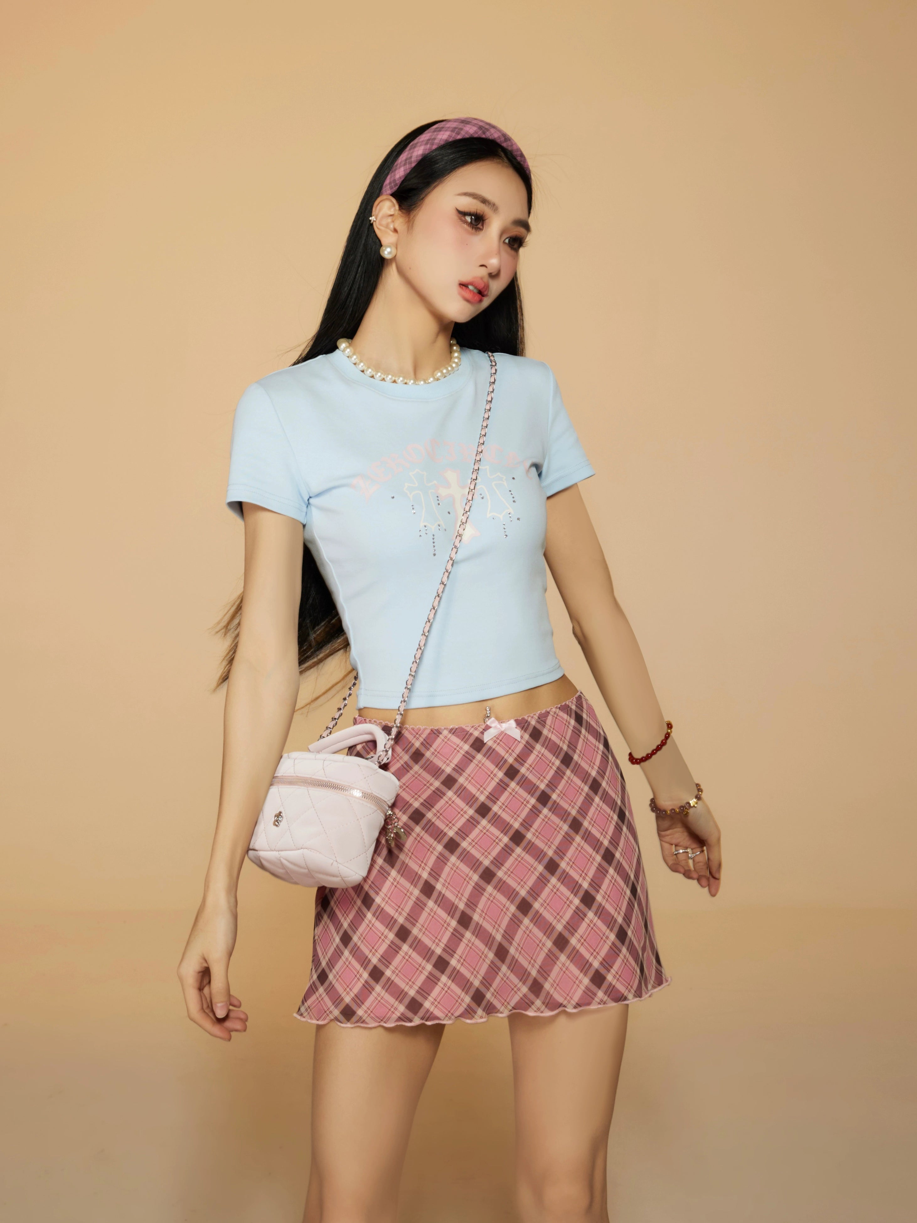 野生zero 粉色雪纺格子半身裙女春夏设计感高腰辣妹显瘦a字短裙子