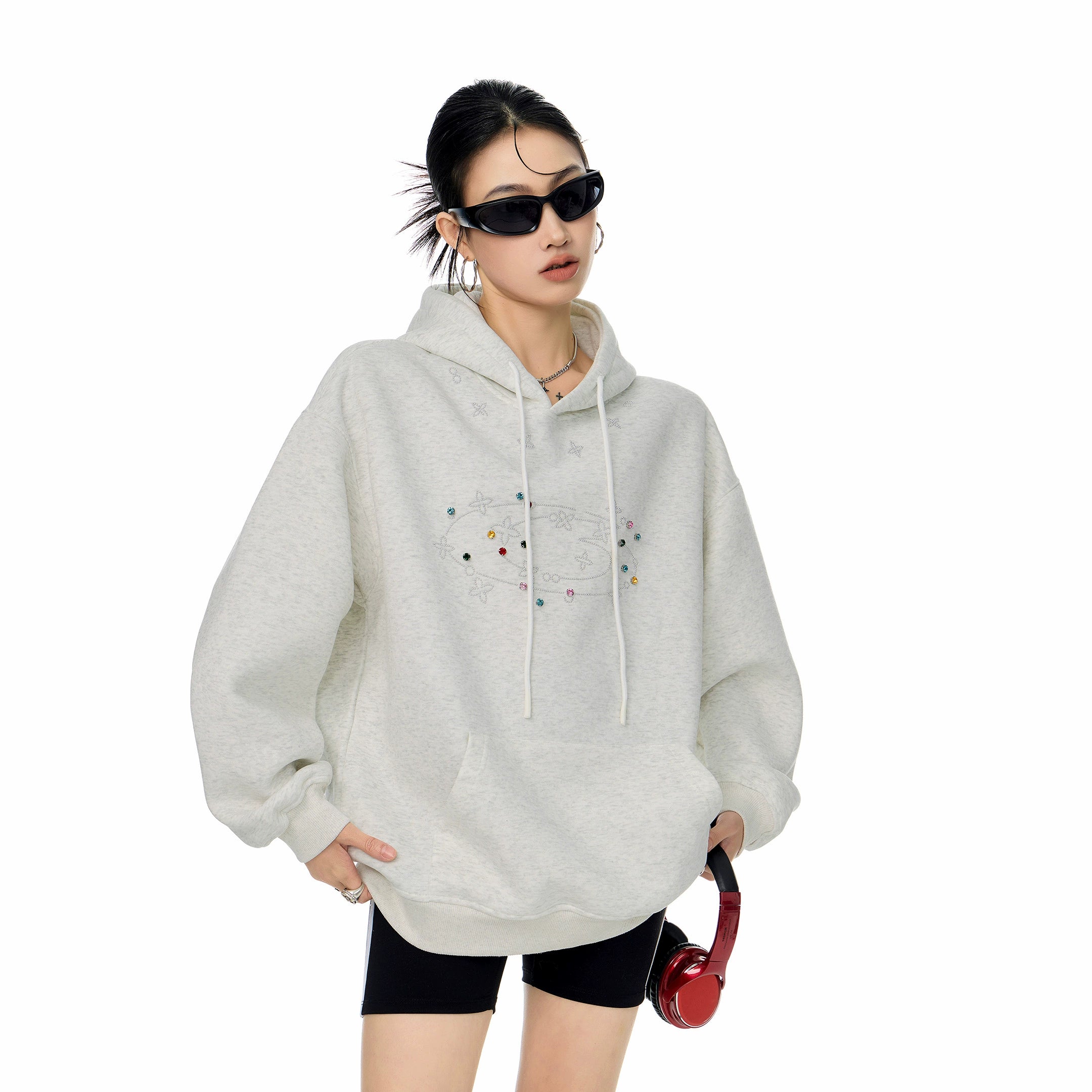 ICH MODE 美式复古烫钻连帽卫衣女2025秋冬新款运动休闲长袖上衣
