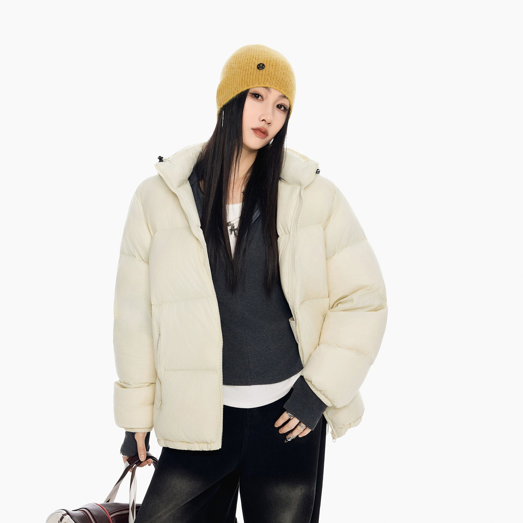 ICH MODE 美式复古泡芙连帽羽绒服女冬季90白鸭绒防寒保暖面包服