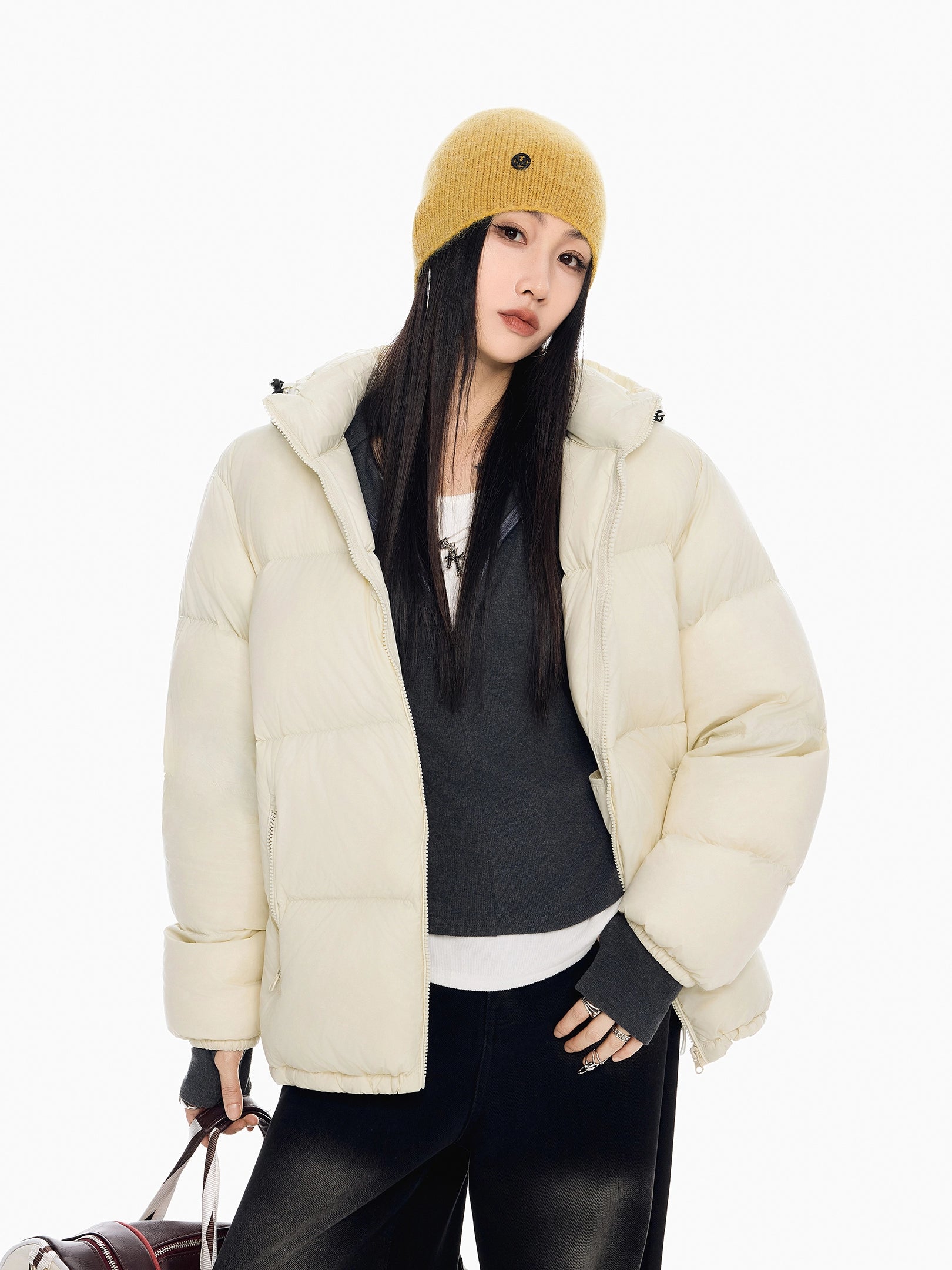 ICH MODE 美式复古泡芙连帽羽绒服女冬季90白鸭绒防寒保暖面包服