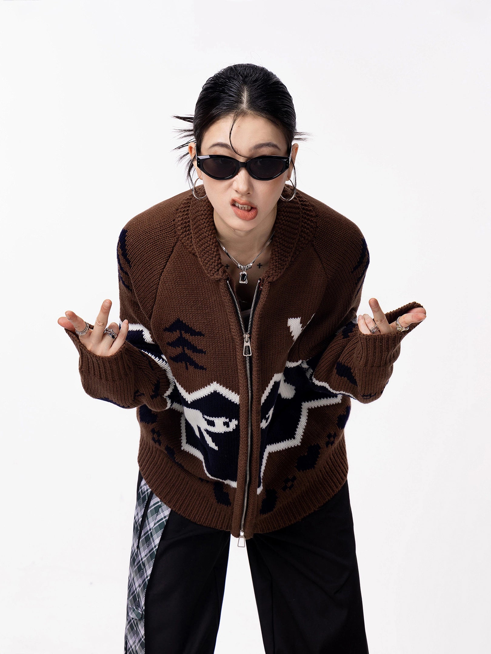 ICH MODE 美式复古提花针织开衫女秋冬宽松外搭休闲慵懒毛衣外套