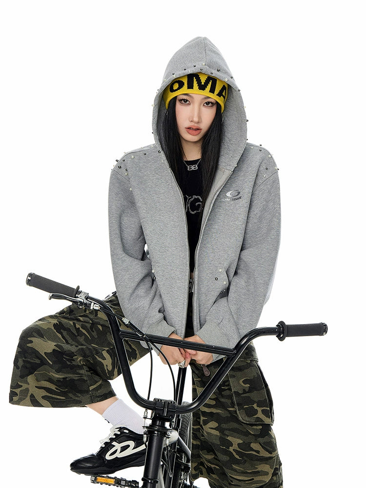 ICH MODE 美式复古珍珠连帽外套女2025新款秋冬宽松卫衣开衫上衣