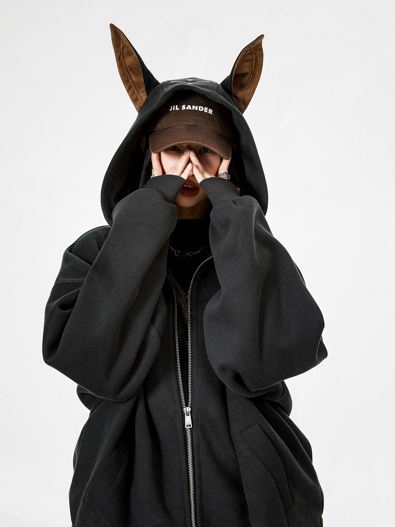 ICH MODE 美式复古杜宾犬连帽开衫外套女秋百搭休闲上衣宽松卫衣