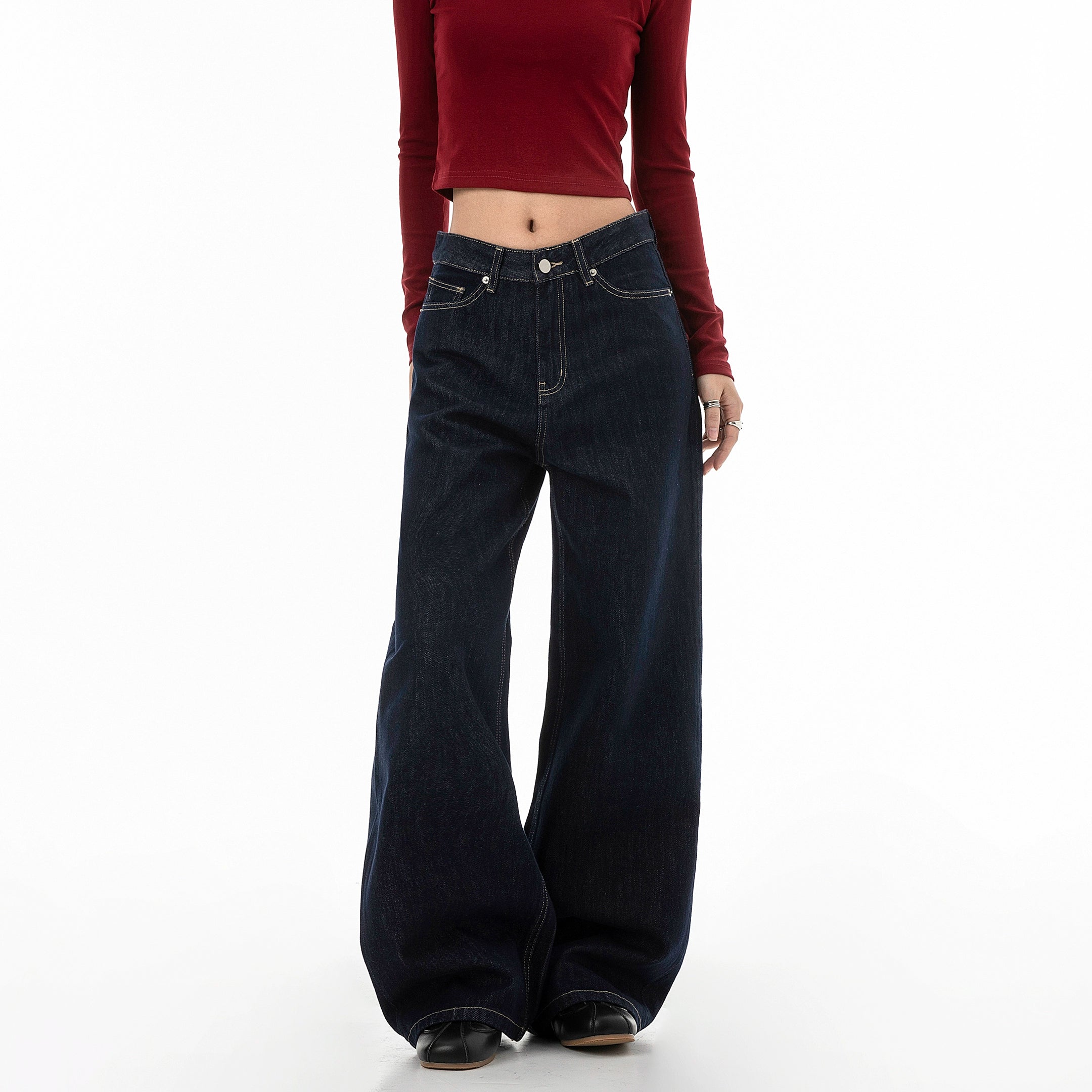 ICH MODE 美式复古丹宁蓝牛仔裤女秋冬宽松直筒裤休闲运动阔腿裤