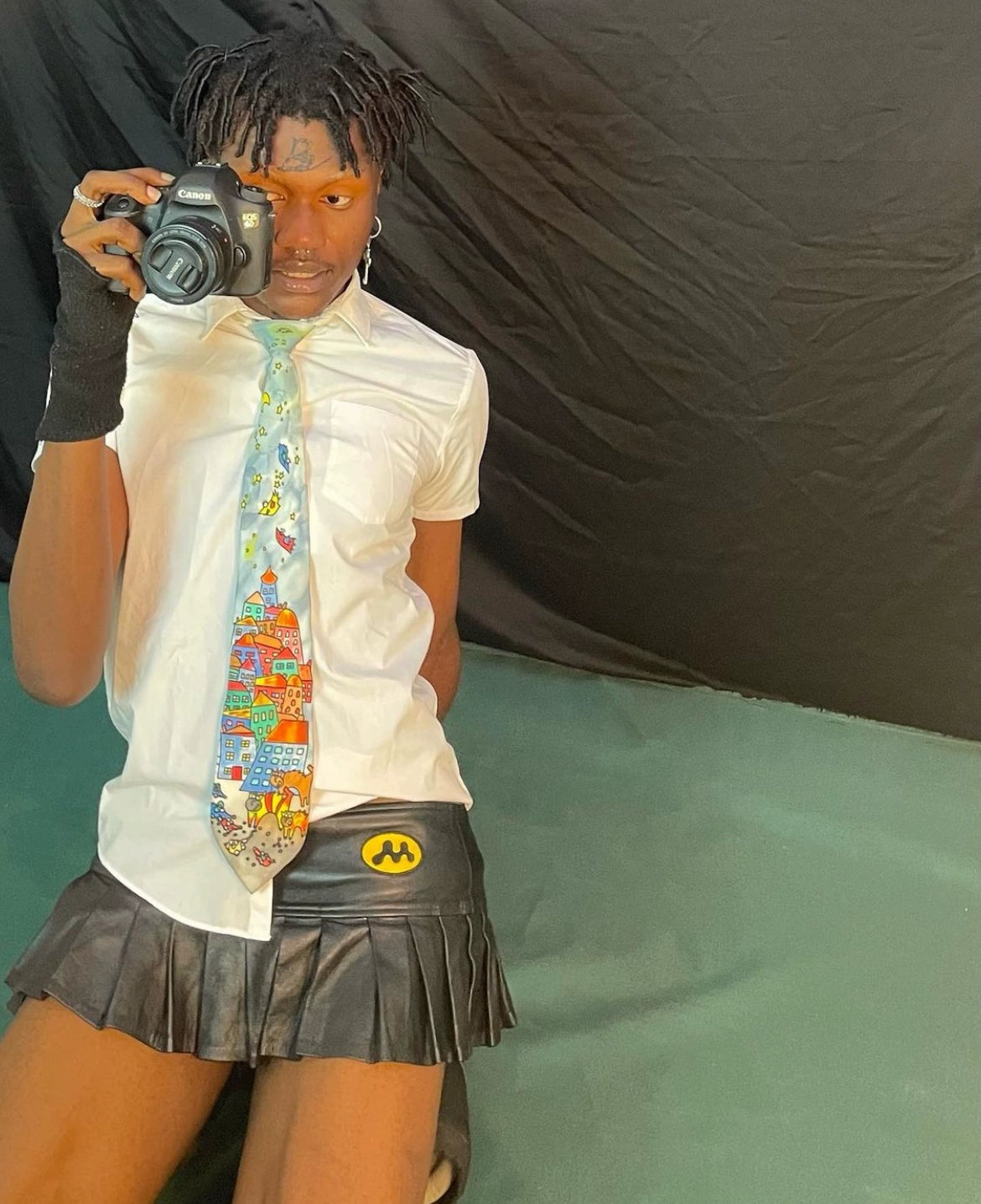 (晚安安)现货mowalola多文化辣妹格纹/皮裙 百褶裙 腰部可调节