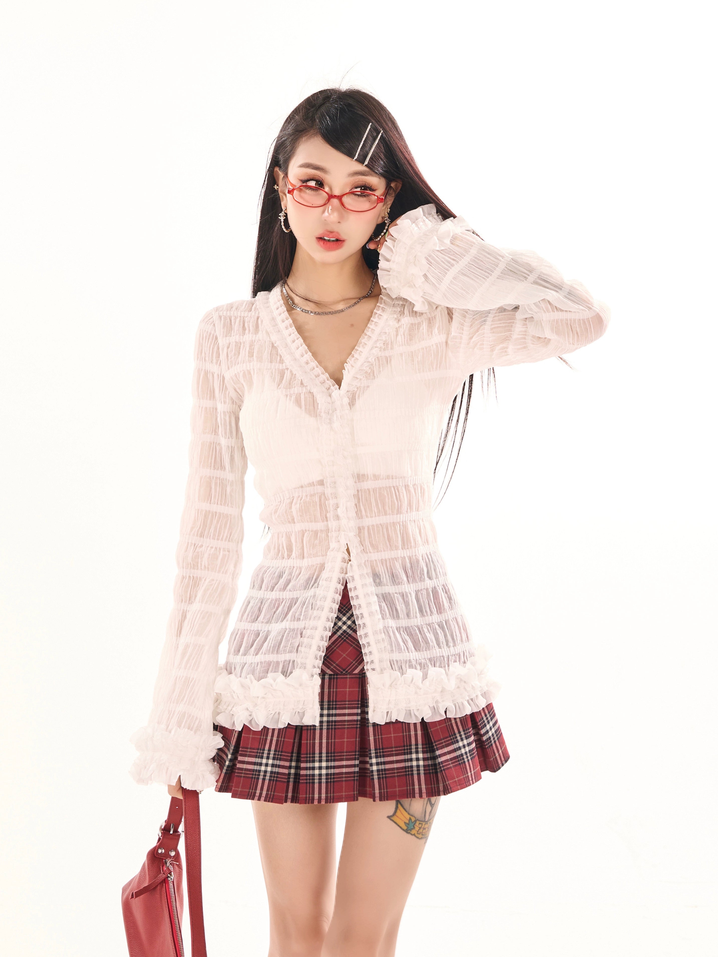 野生zerocircle 白色v领修身喇叭袖花边长袖上衣女春秋季薄款开衫