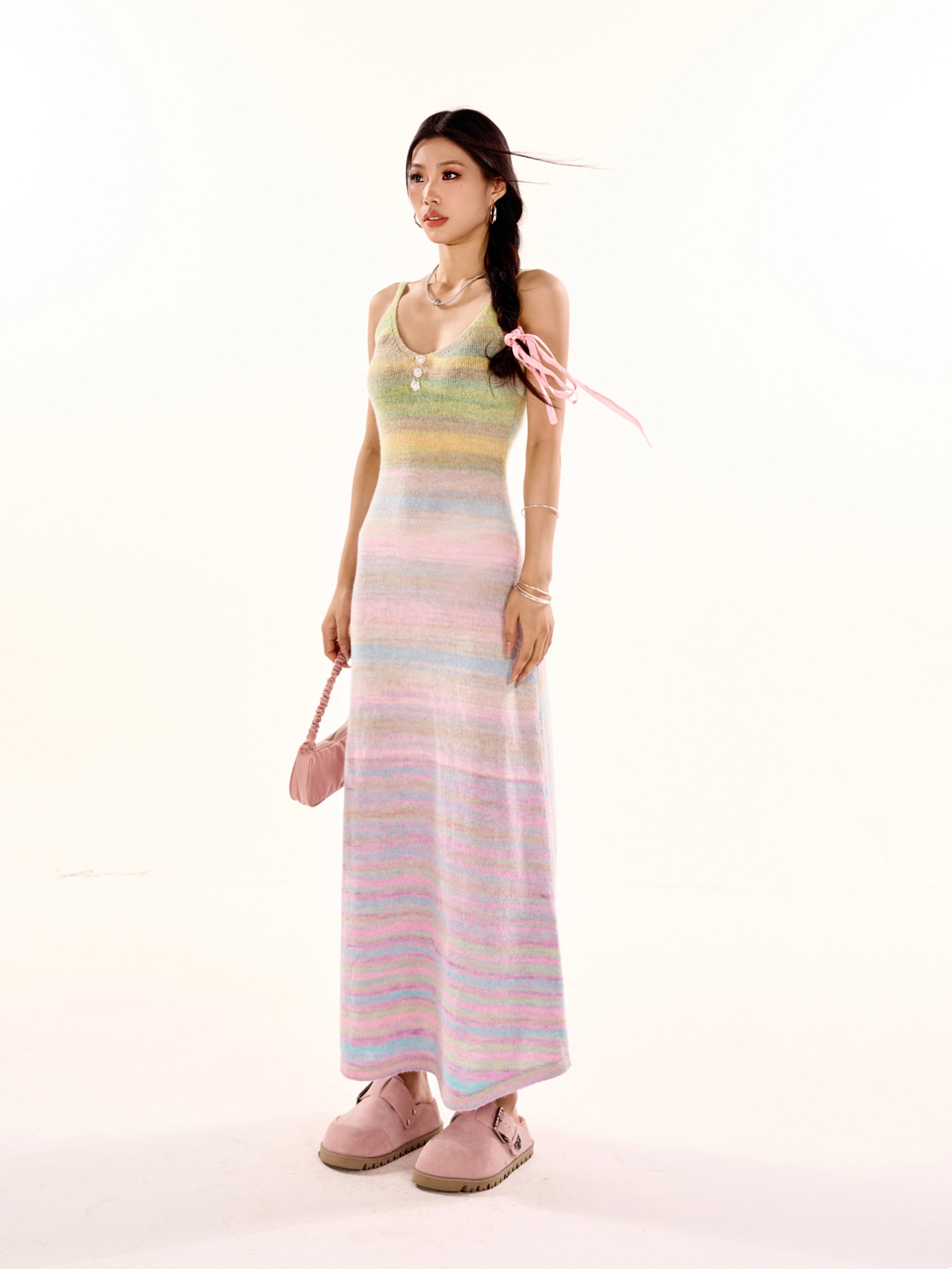 野生zerocircle彩虹v领吊带连衣裙女春夏设计感显瘦修身a字长裙子