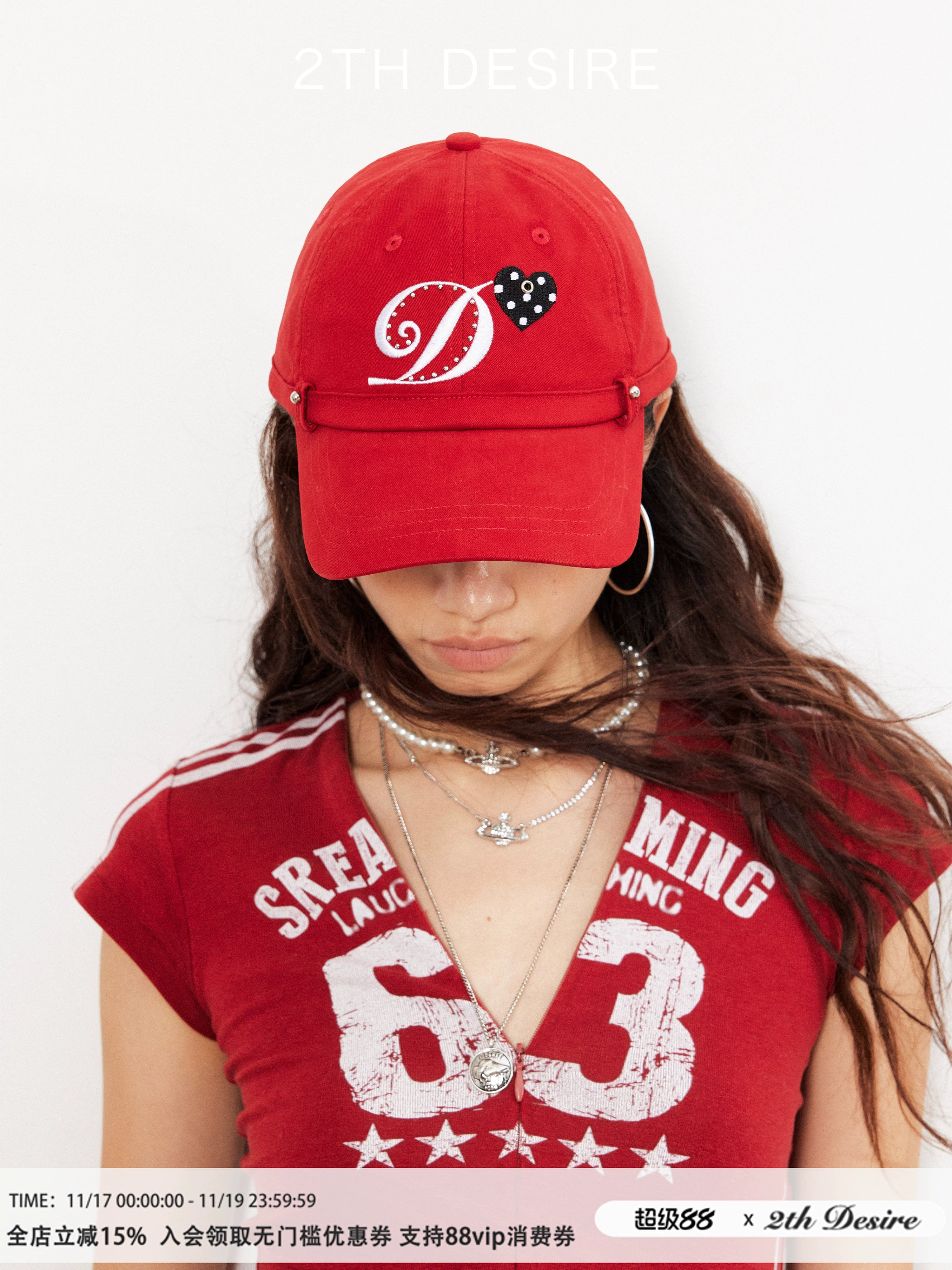 2th Desire复古扶桑花波点爱心鸭舌帽朋克铆钉刺绣烫钻弯檐棒球帽