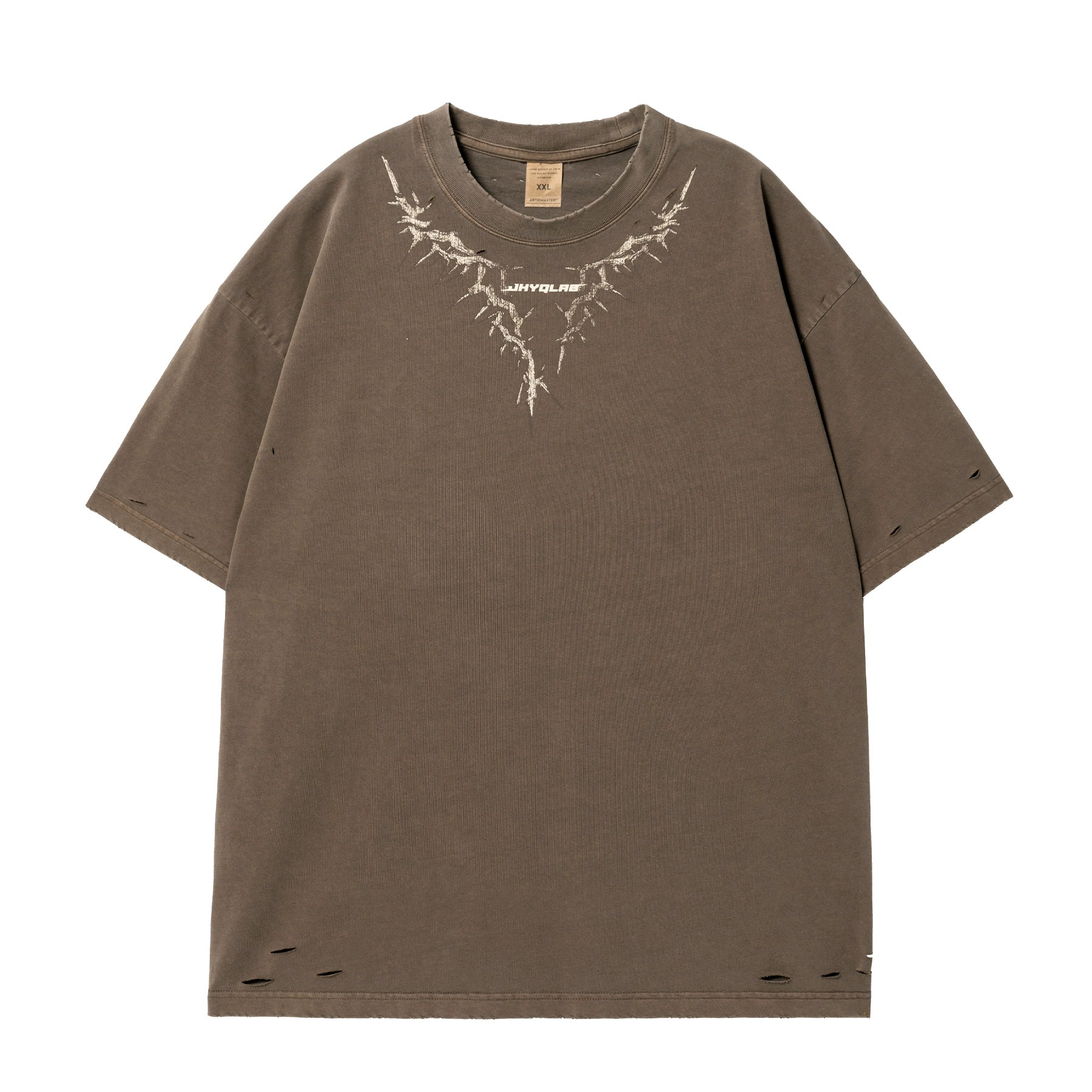 【李沛恩同款】JHYQ美式印花重磅磨毛水洗短袖T恤男宽松破洞五分