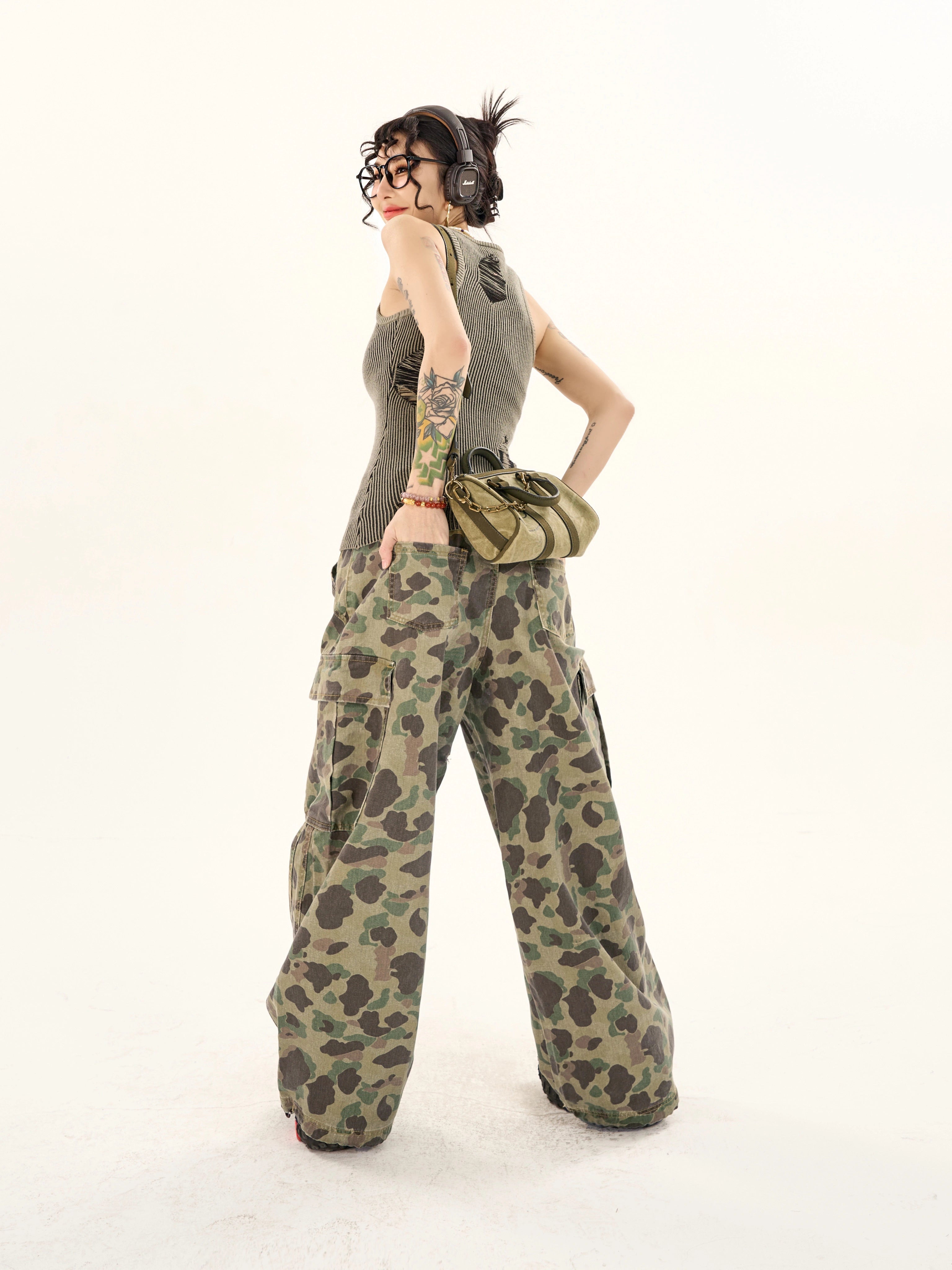 野生zerocircle迷彩工装裤女春夏设计感宽松显瘦直筒阔腿休闲裤子