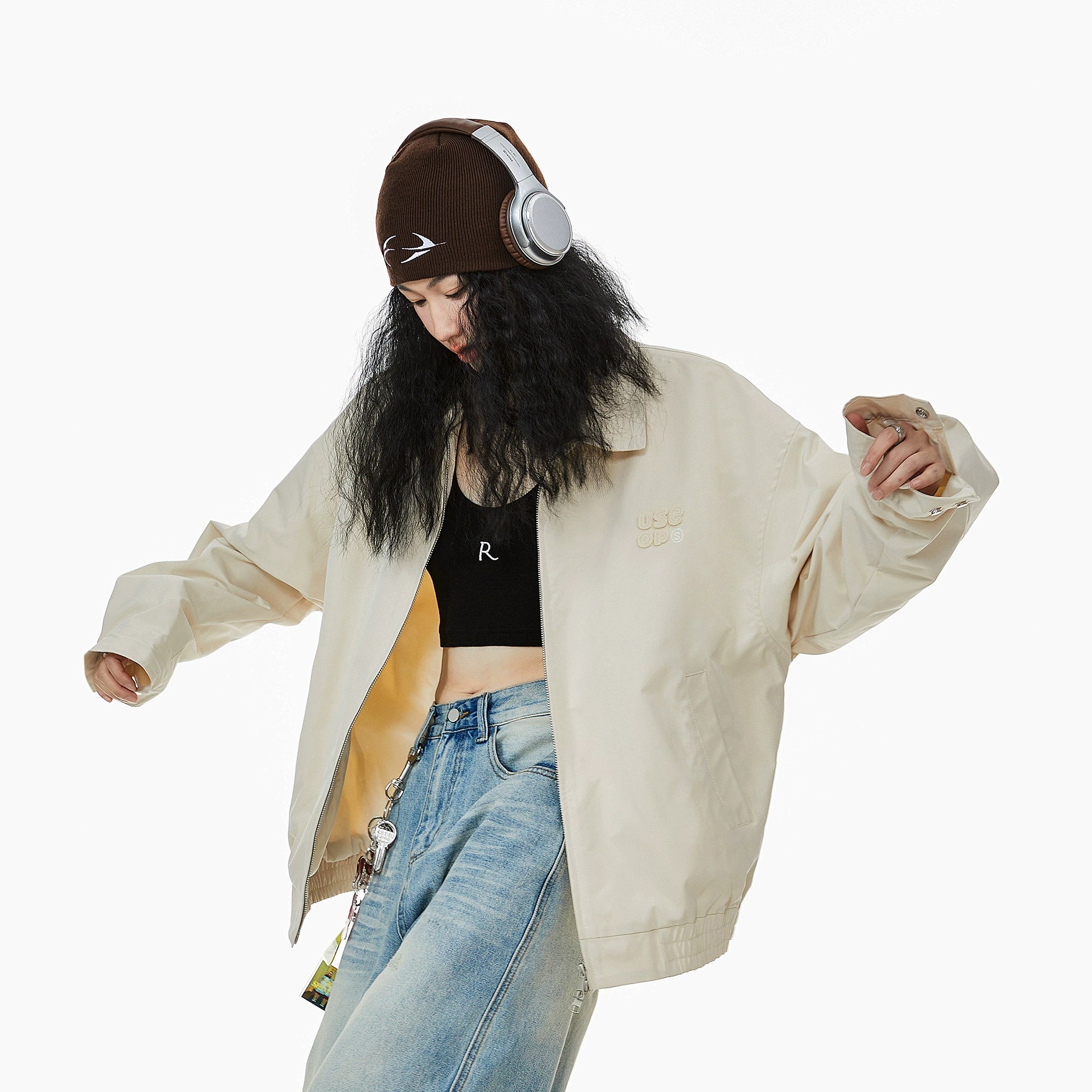 ICH MODE 美式复古拉链外套女2025秋冬新款宽松休闲工装夹克上衣