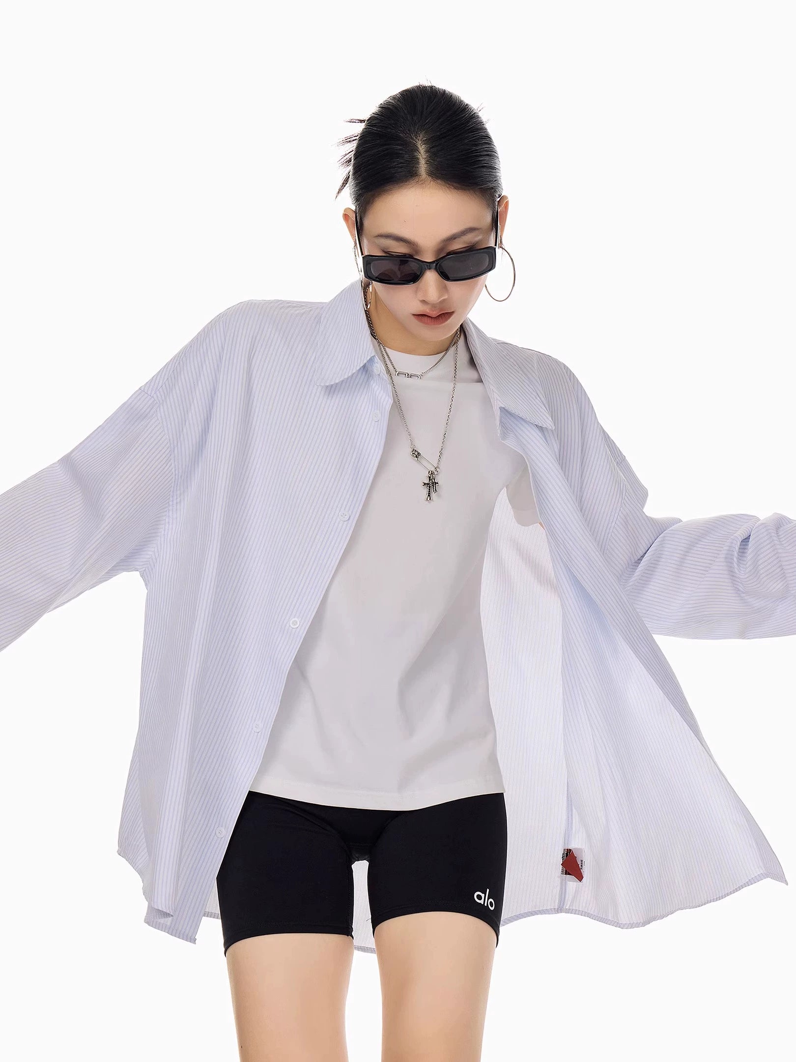 ICH MODE 美式复古条纹蓝色长袖衬衫女秋冬宽松百搭休闲衬衣外套