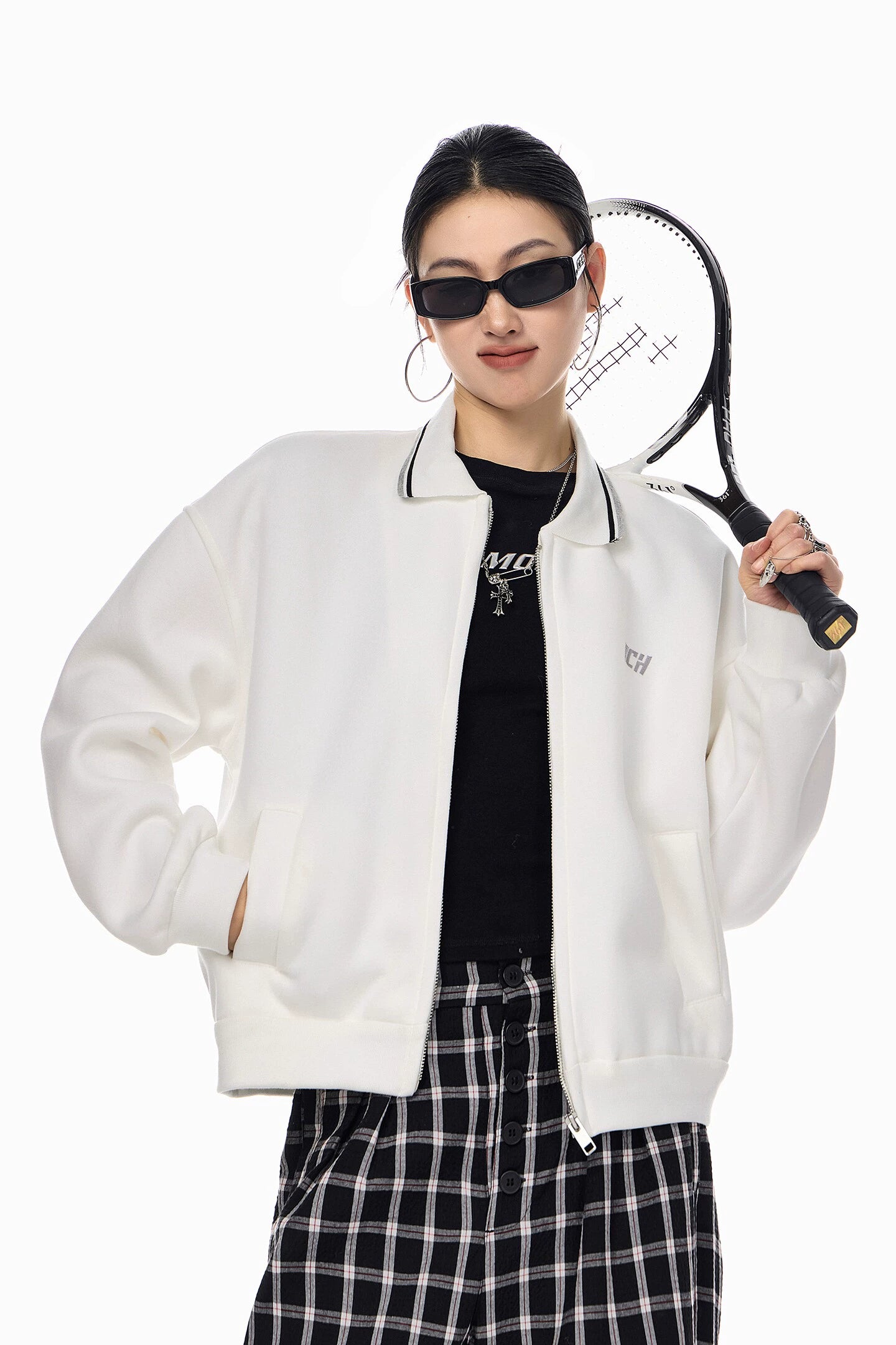 ICH MODE 美式复古刺绣翻领短款外套女2025新款秋季运动开衫上衣