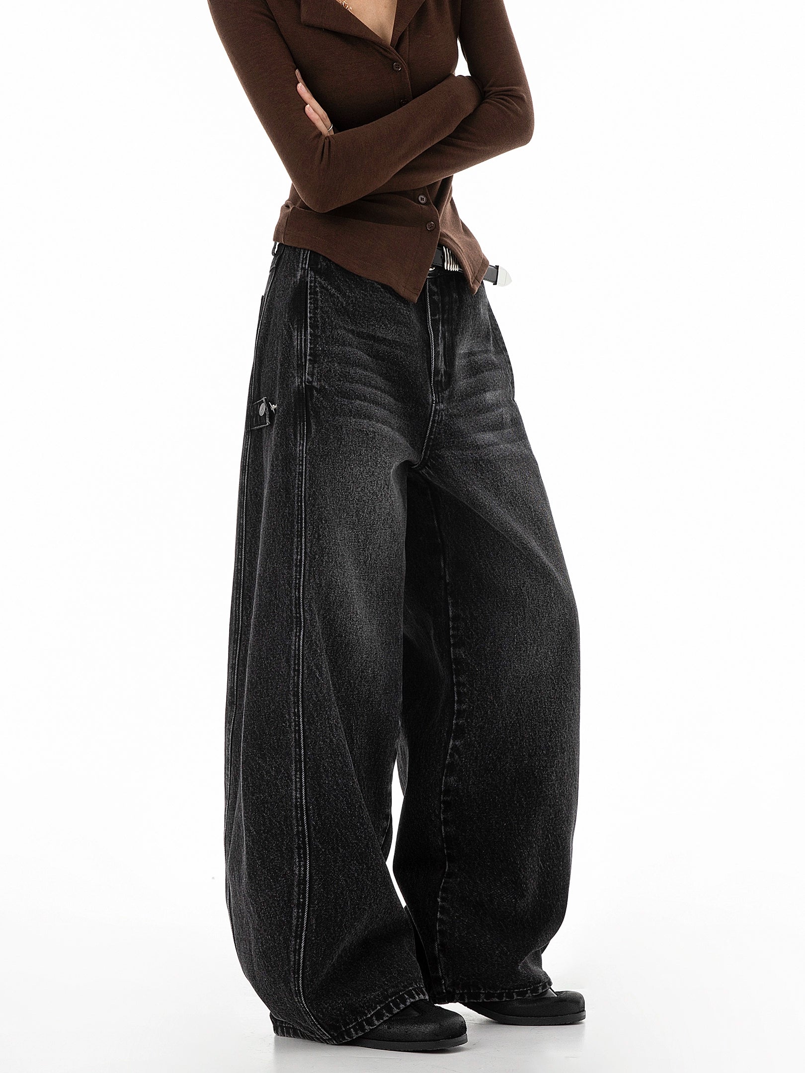 ICH MODE 美式复古水洗牛仔裤女秋冬新款宽松阔腿裤休闲裤直筒裤