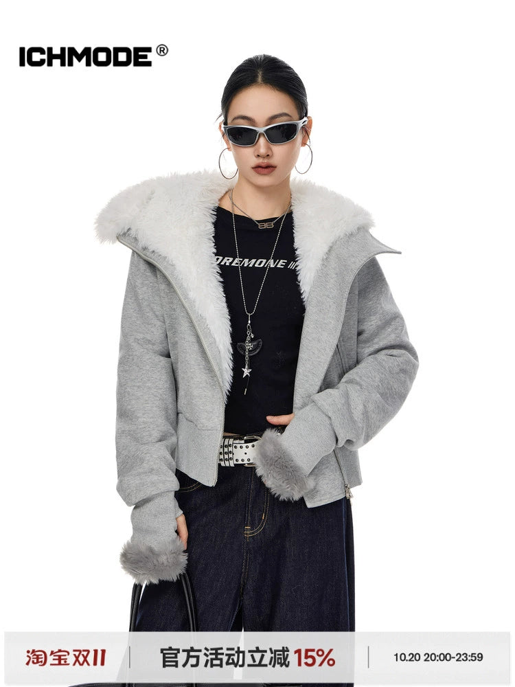 ICH MODE 美式复古毛绒内胆毛领棉服女2025冬季新款修身短款棉衣