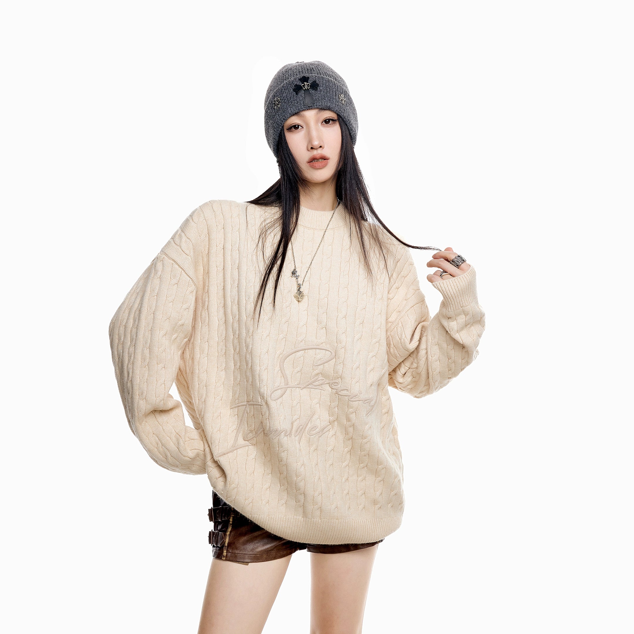 ICH MODE 美式复古慵懒刺绣麻花毛衣女秋冬休闲圆领毛针织衫上衣