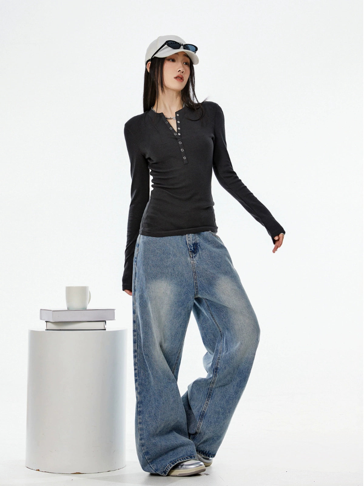 ICH MODE 美式复古V领修身打底衫女2025秋冬新款内搭长袖T恤上衣