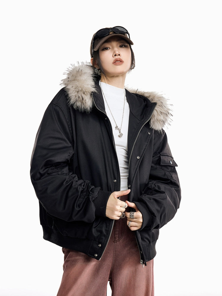 ICH MODE 美式复古毛领加厚棉服女秋冬季宽松保暖派克服棉衣外套