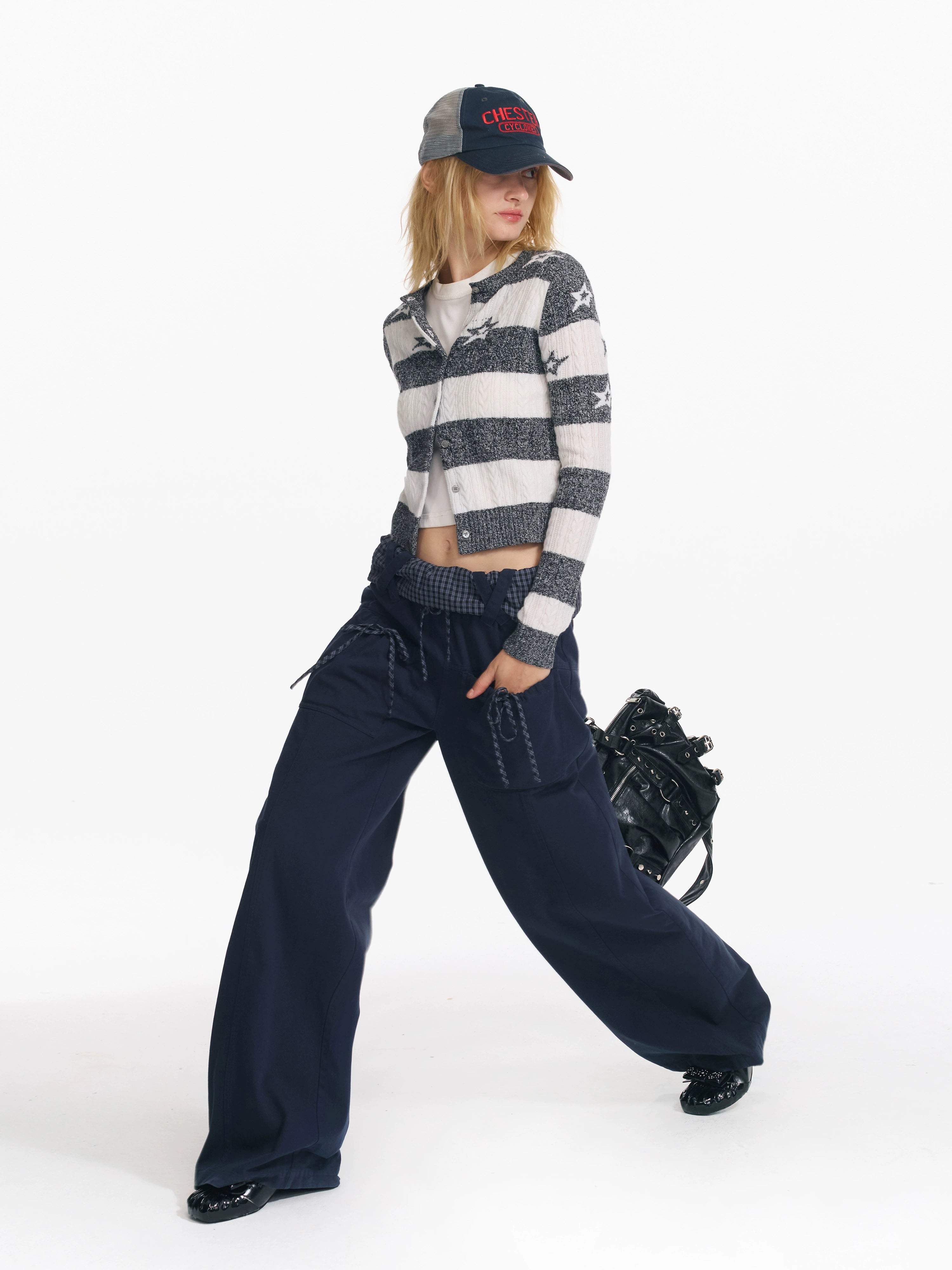 2th Desire星星绞花复古撞色条纹羊毛针织衫时尚休闲短款毛衣外套