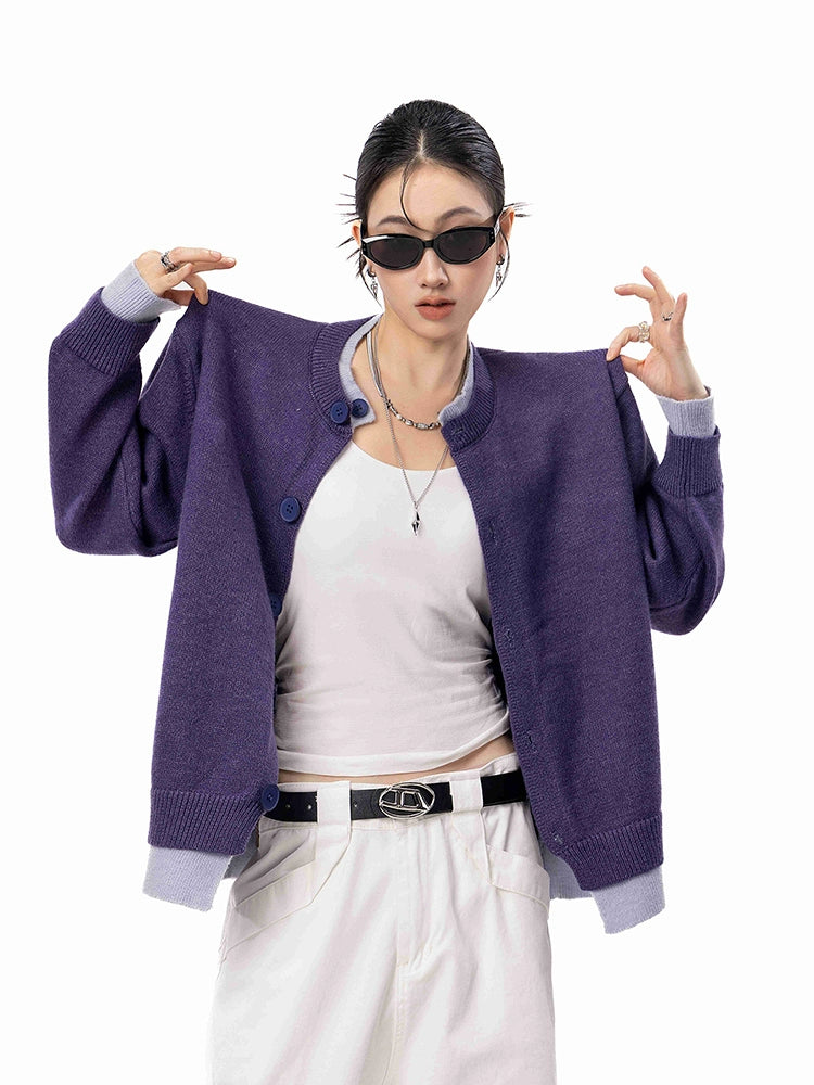 ICH MODE 美式假两件毛针织衫女2025年新款秋冬开衫毛衣长袖外套