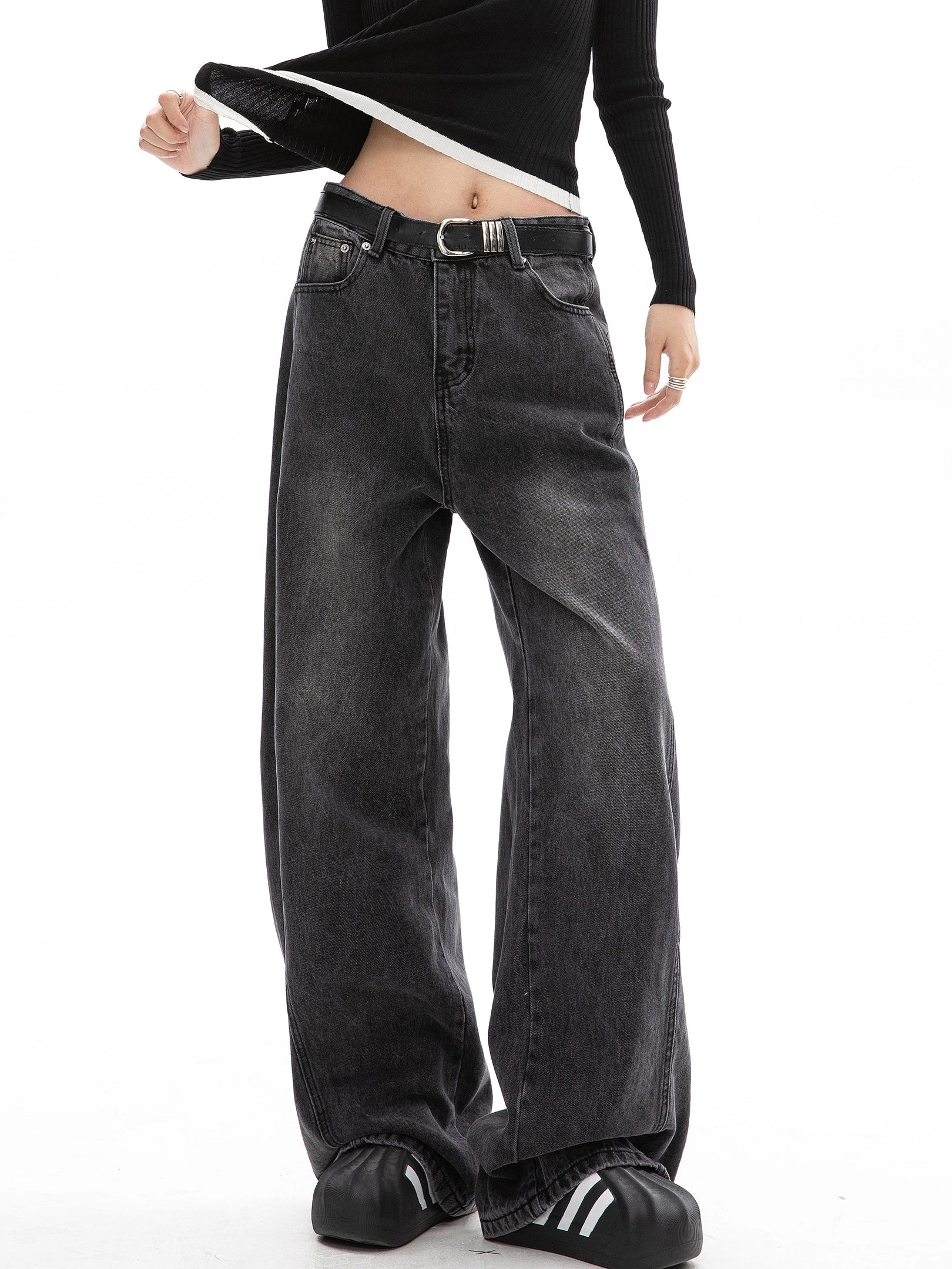 ICH MODE 美式复古水洗直筒牛仔裤女夏季阔腿弯刀裤百搭休闲长裤