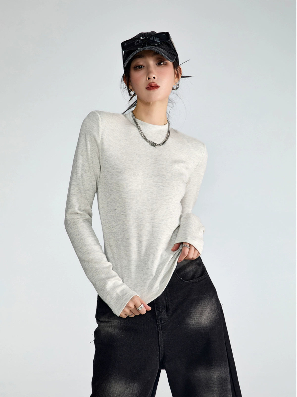 ICH MODE 美式复古修身长袖T恤女秋冬百搭宽松短款上衣纯色打底衫