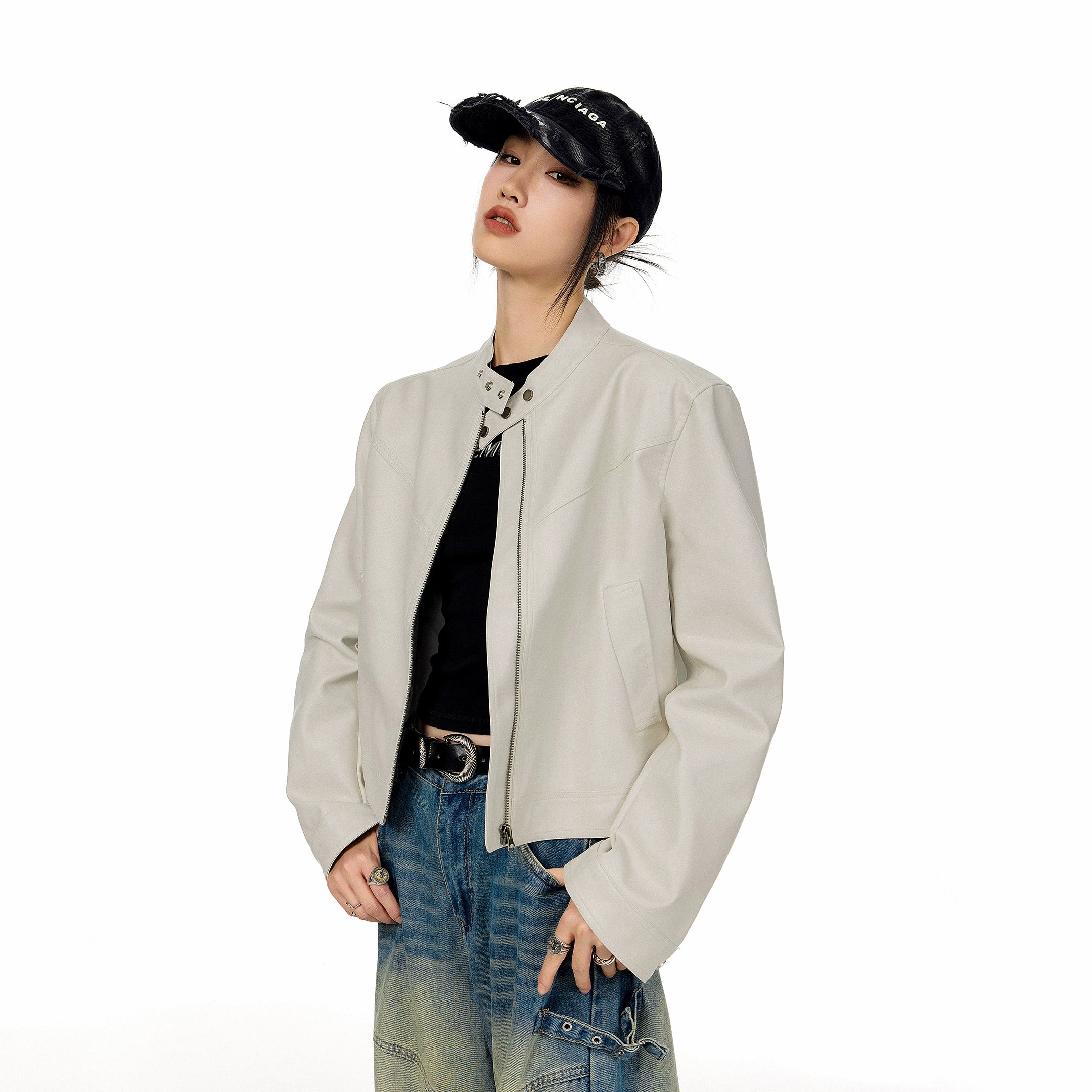 ICH MODE 美式复古棕色立领皮衣外套女秋冬新款机车皮夹克短上衣