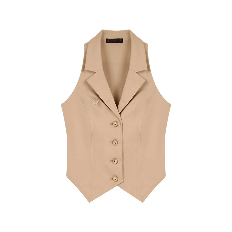 野生zero粉色无袖短款西装马甲背心女夏季外穿露肩设计感修身上衣