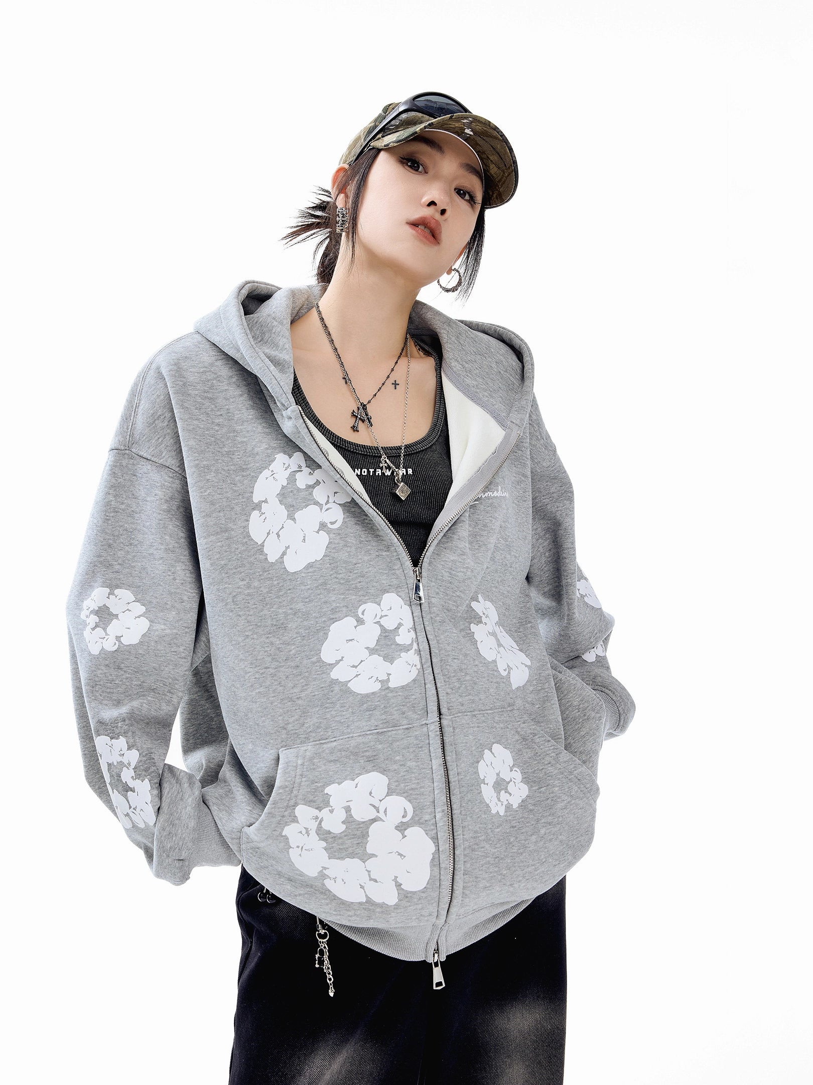 ICH MODE 美式复古木棉花连帽加绒卫衣外套女秋冬季宽松开衫上衣