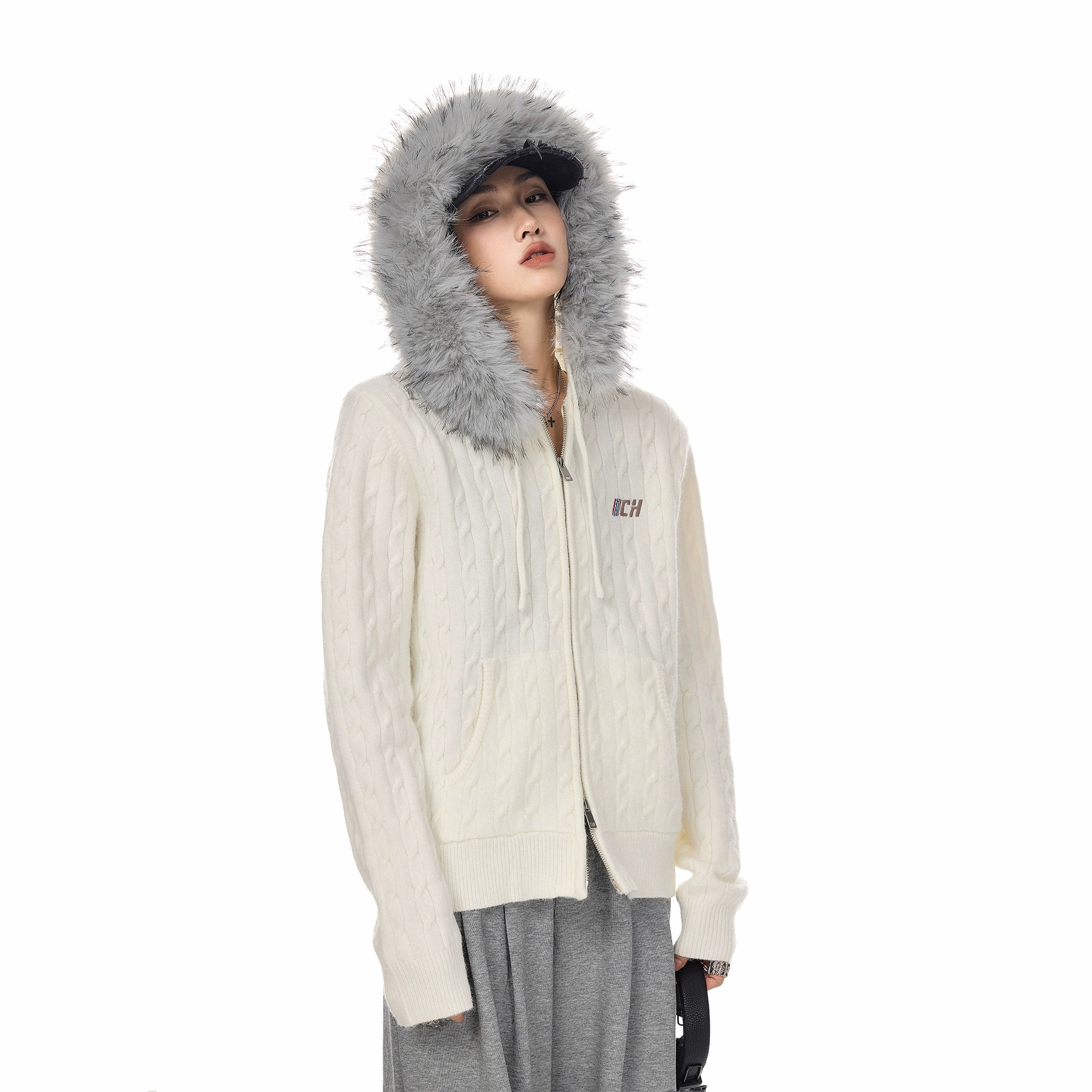 ICH MODE 美式复古刺绣毛领连帽针织开衫女秋冬休闲慵懒毛衣外套