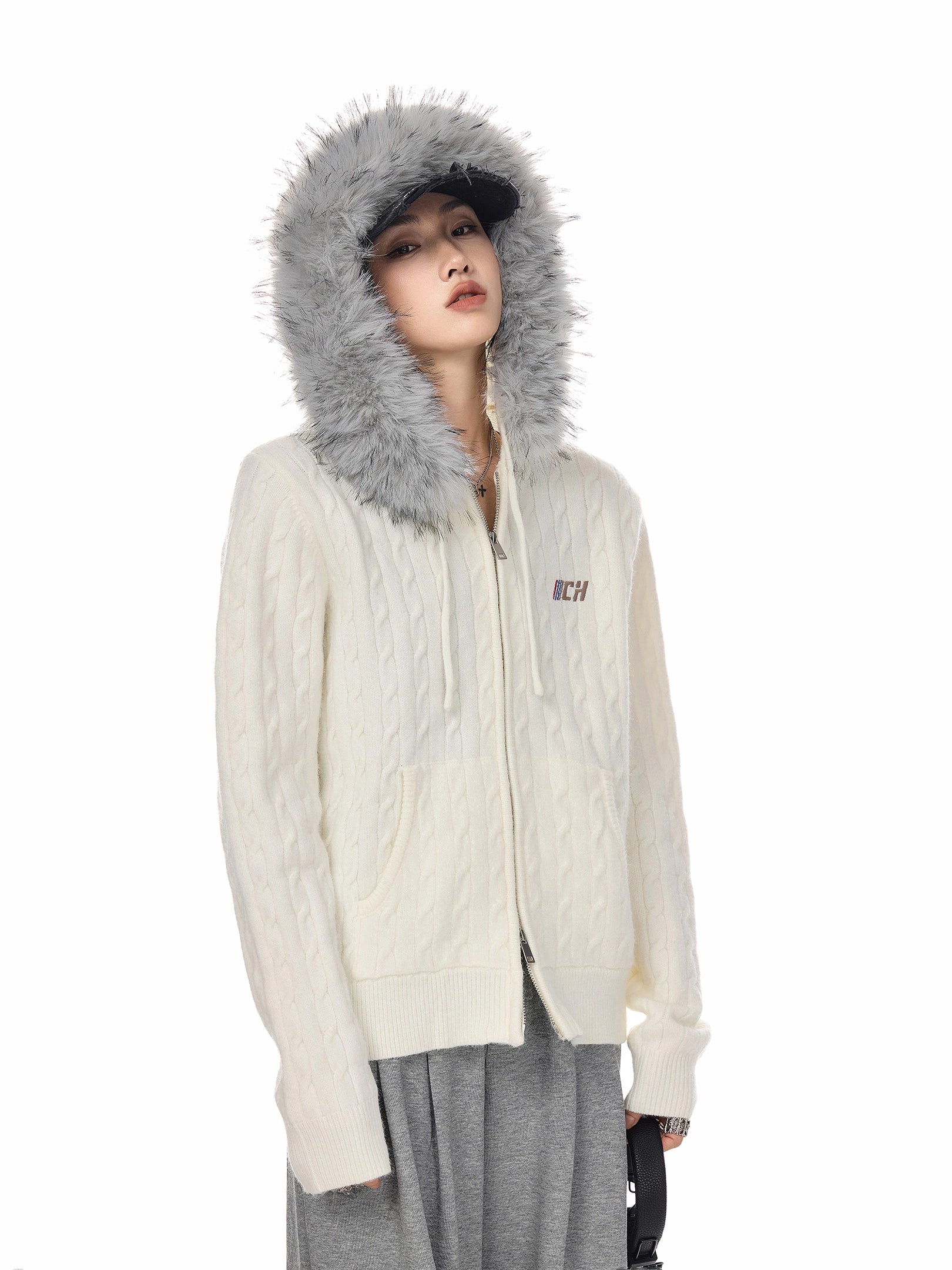 ICH MODE 美式复古刺绣毛领连帽针织开衫女秋冬休闲慵懒毛衣外套