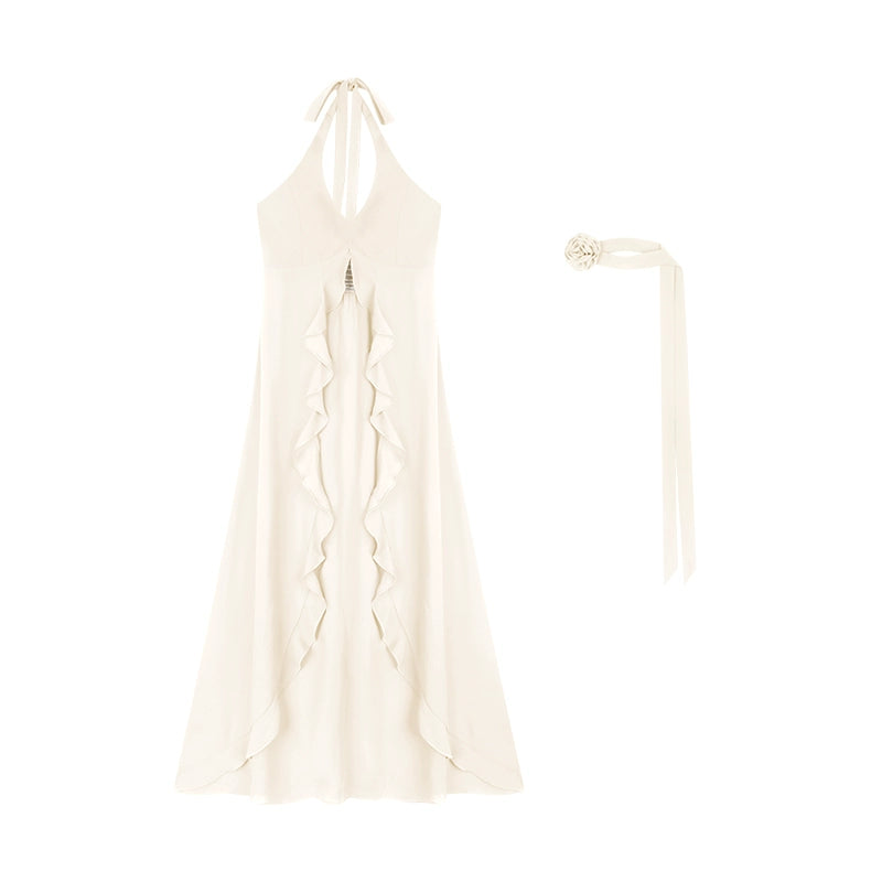 野生zero红色荷叶边挂脖背心连衣裙女夏季设计感小众显瘦无袖上衣