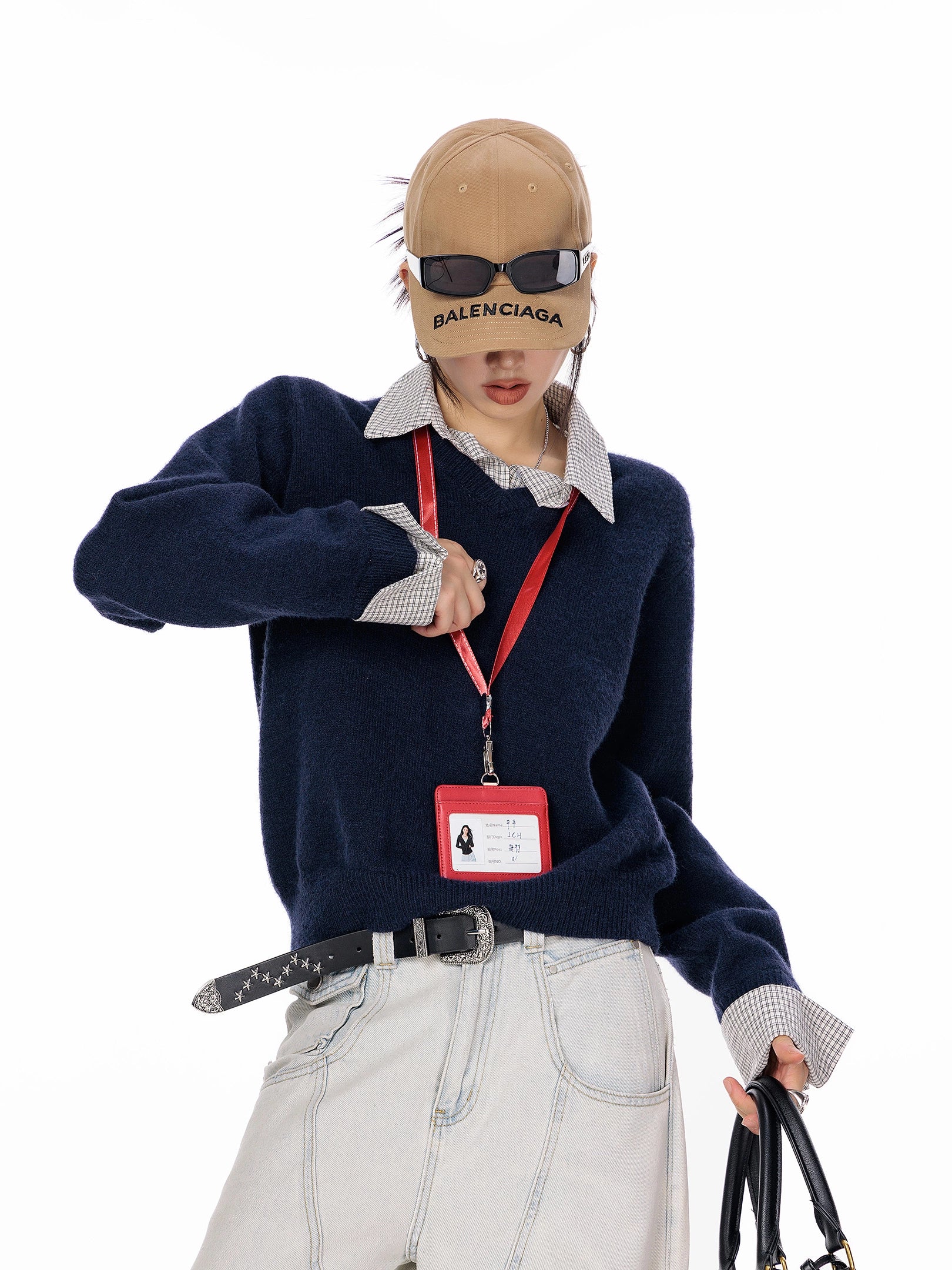 ICH MODE 美式复古假两件格子拼接毛衣女秋冬季毛针织衫POLO上衣